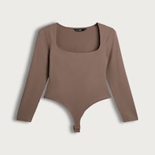 F&F Polyamide Square Neck Long Sleeved Bodysuit in Tan thumbnail 4