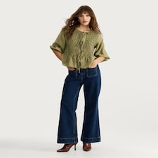 F&F Textured Smocked Tie-Front Blouse in Khaki