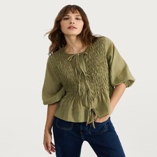 F&F Textured Smocked Tie-Front Blouse in Khaki thumbnail 3