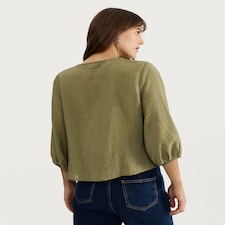 F&F Textured Smocked Tie-Front Blouse in Khaki thumbnail 4