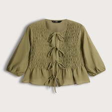 F&F Textured Smocked Tie-Front Blouse in Khaki thumbnail 5