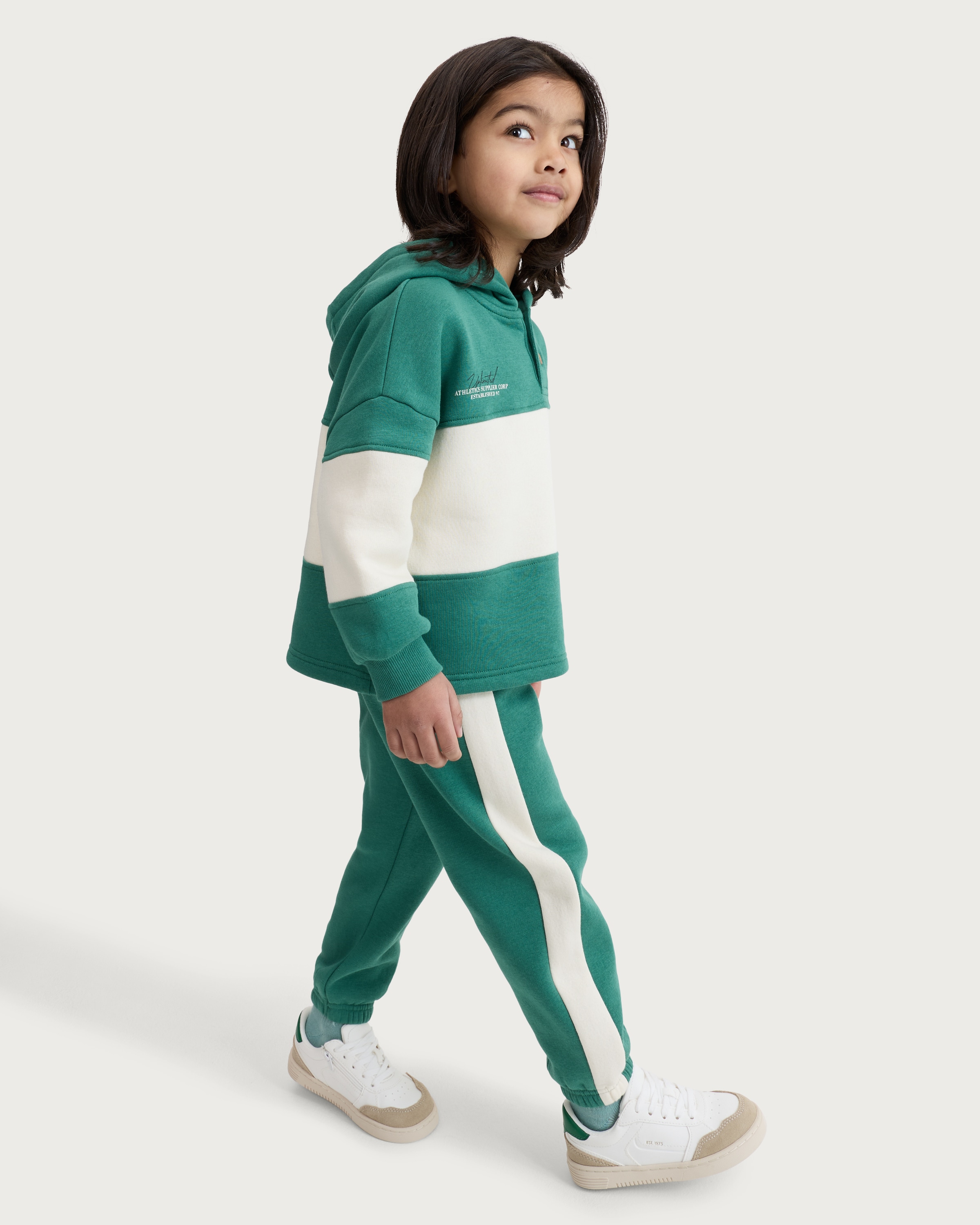 F&F Boys 2-Piece Cotton Rich Colour Block Slogan Hoodie and Joggers Set in Green thumbnail 2