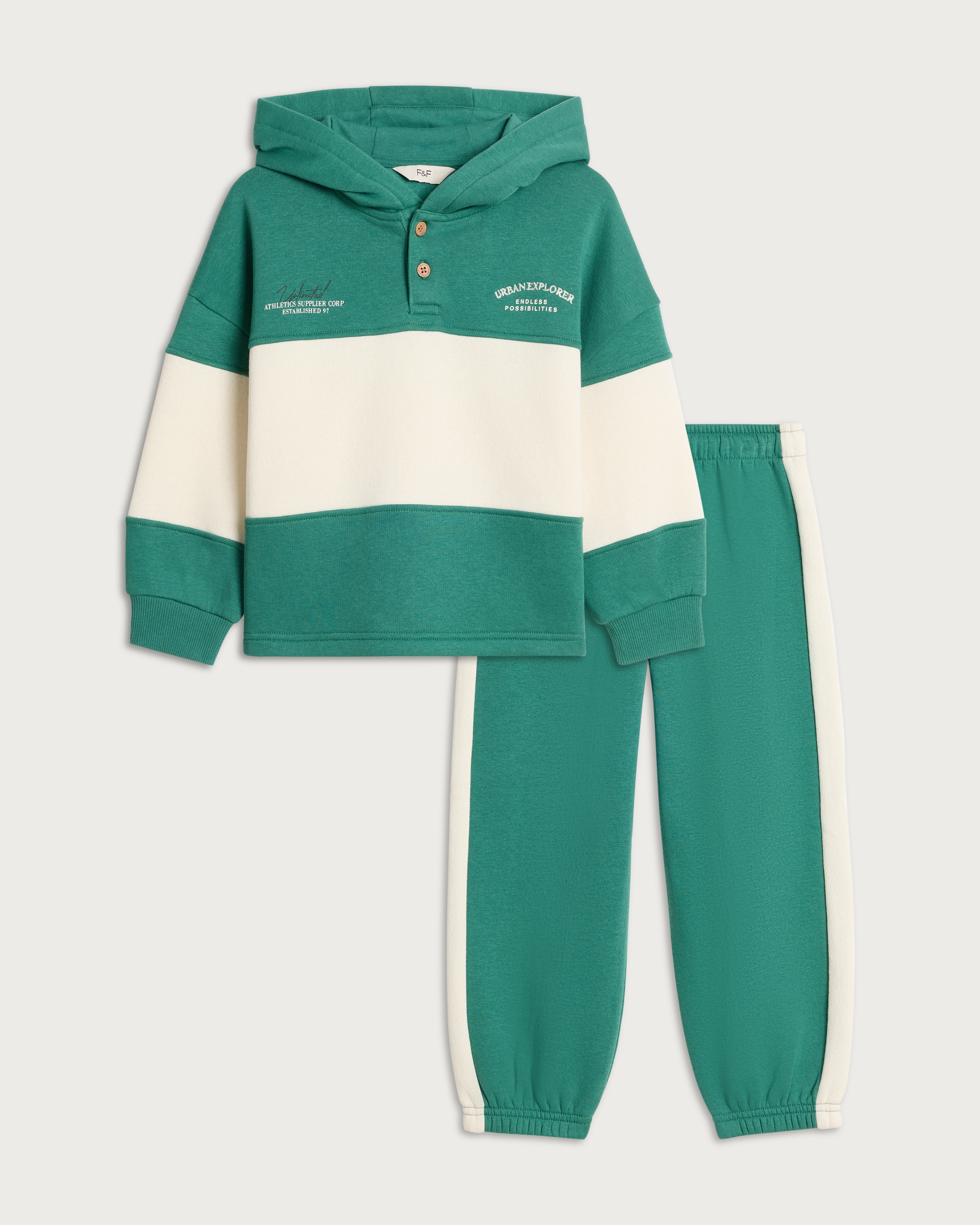F&F Boys 2-Piece Cotton Rich Colour Block Slogan Hoodie and Joggers Set in Green thumbnail 4