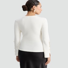 F&F Ribbed Long Sleeved Button Accent Top in Cream thumbnail 3