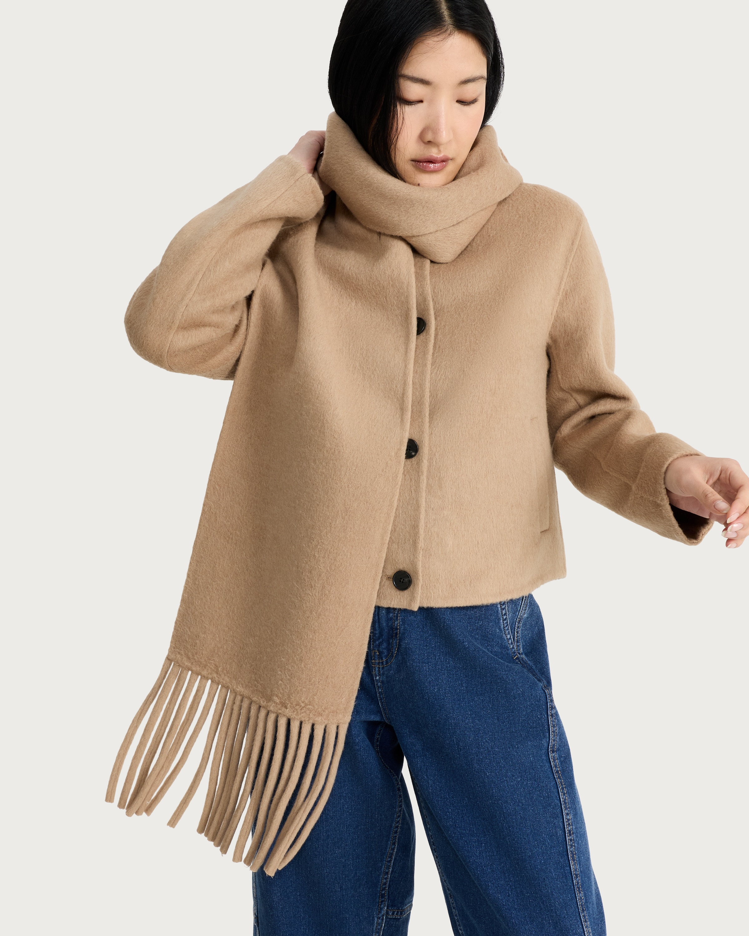 The F&F Edit Fringed Scarf Coat with Wool in Med Nude