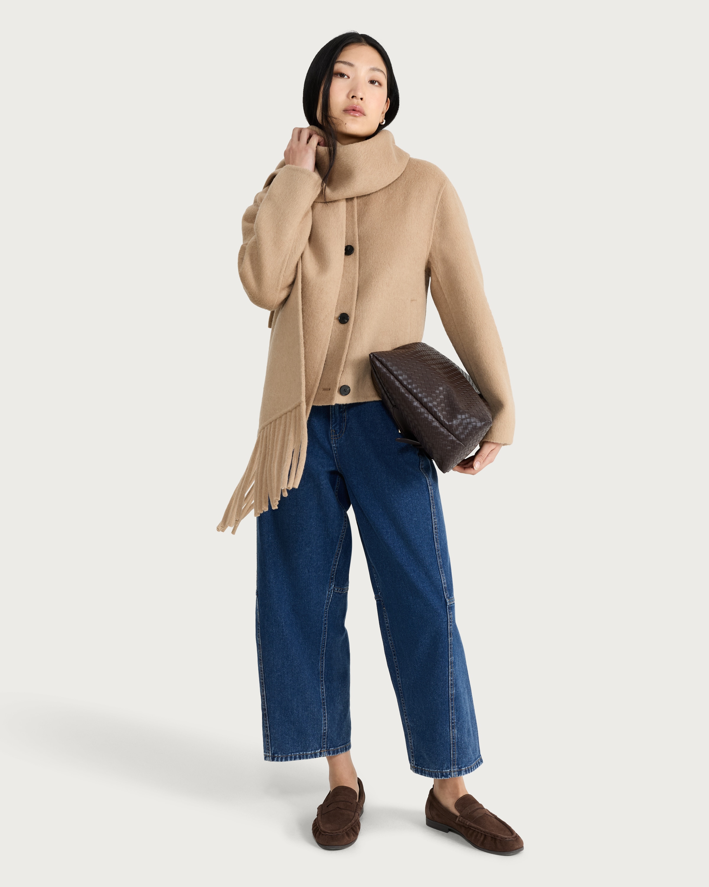 The F&F Edit Fringed Scarf Coat with Wool in Med Nude thumbnail 2