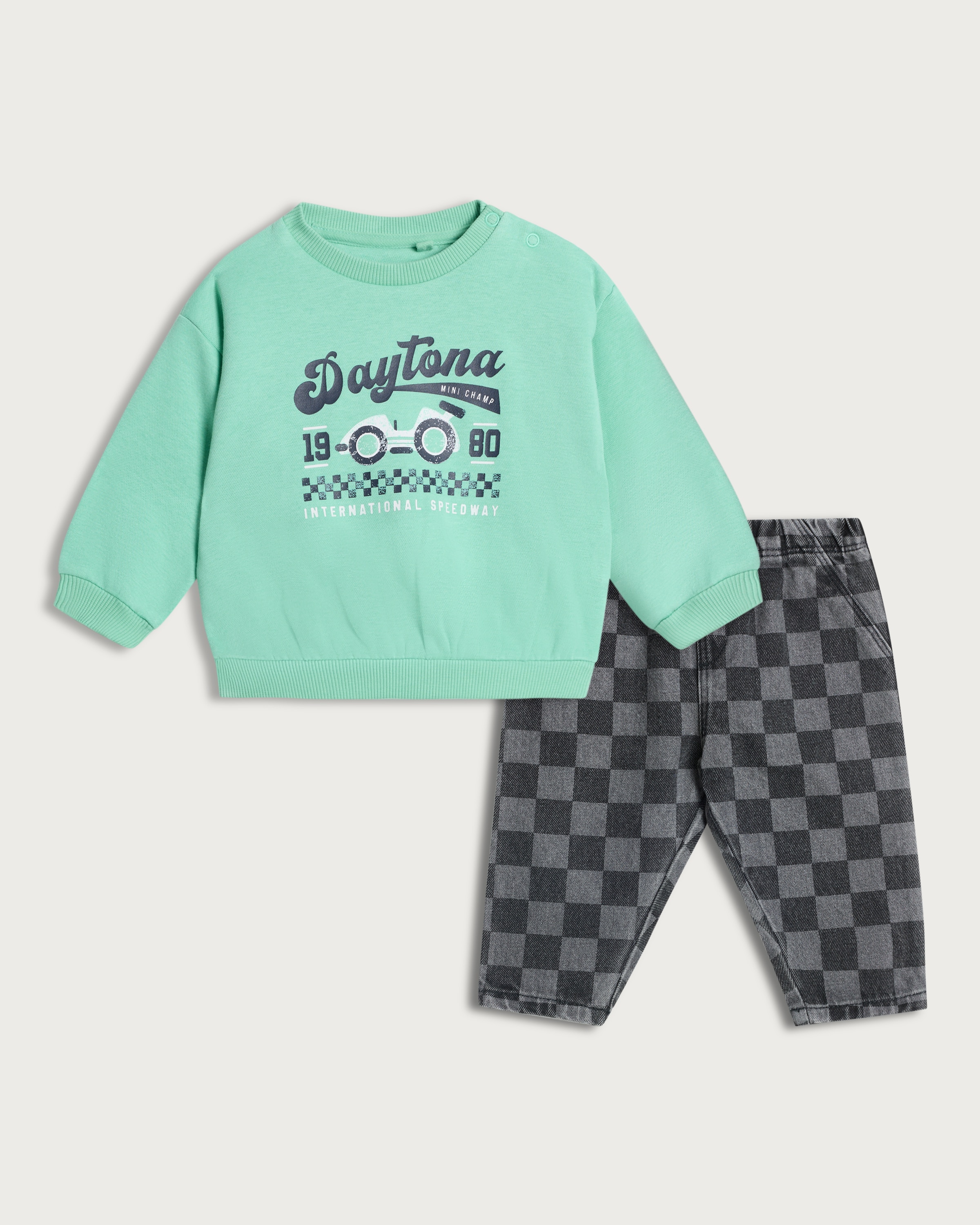 F&F Baby 2-Piece Cotton Rich Daytona Speedway Sweatshirt and Trousers Set in Green