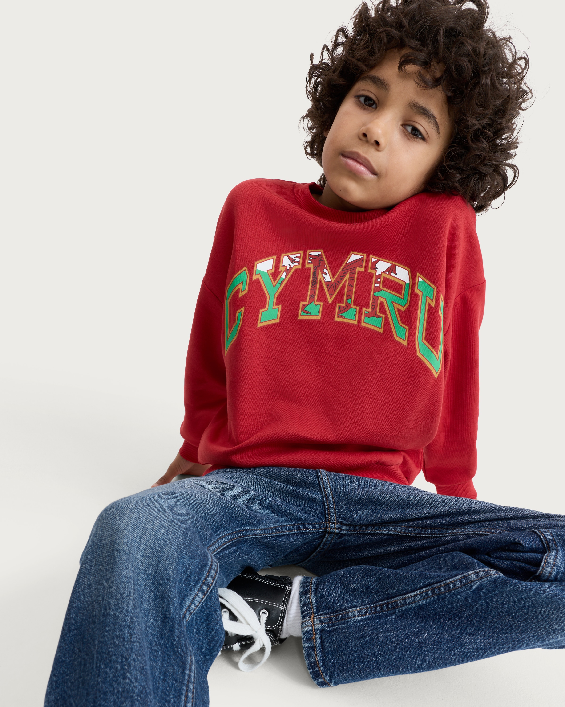 F&F Boys Cotton Rich Cymru Print Oversized Fit Sweatshirt in Red