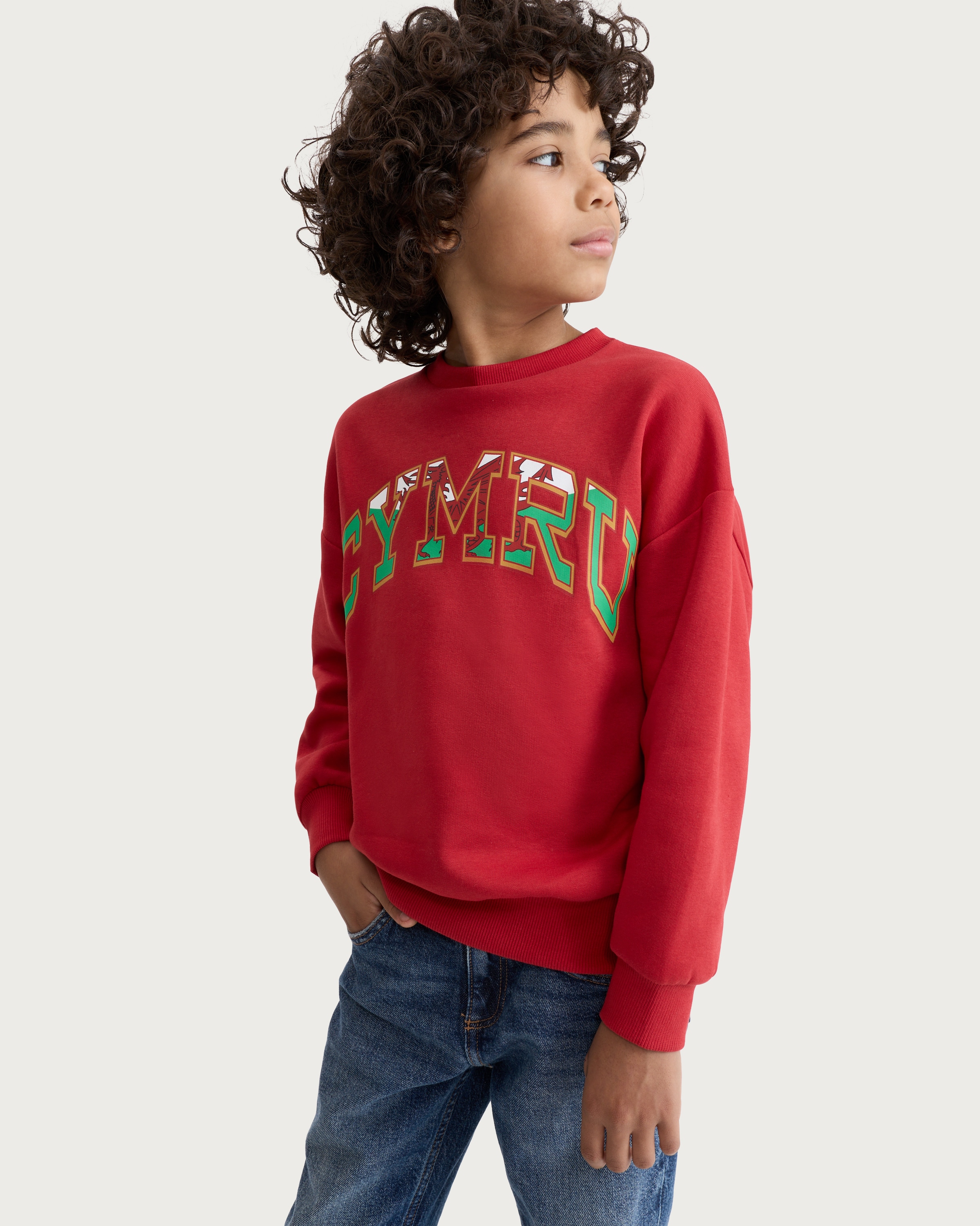 F&F Boys Cotton Rich Cymru Print Oversized Fit Sweatshirt in Red thumbnail 2