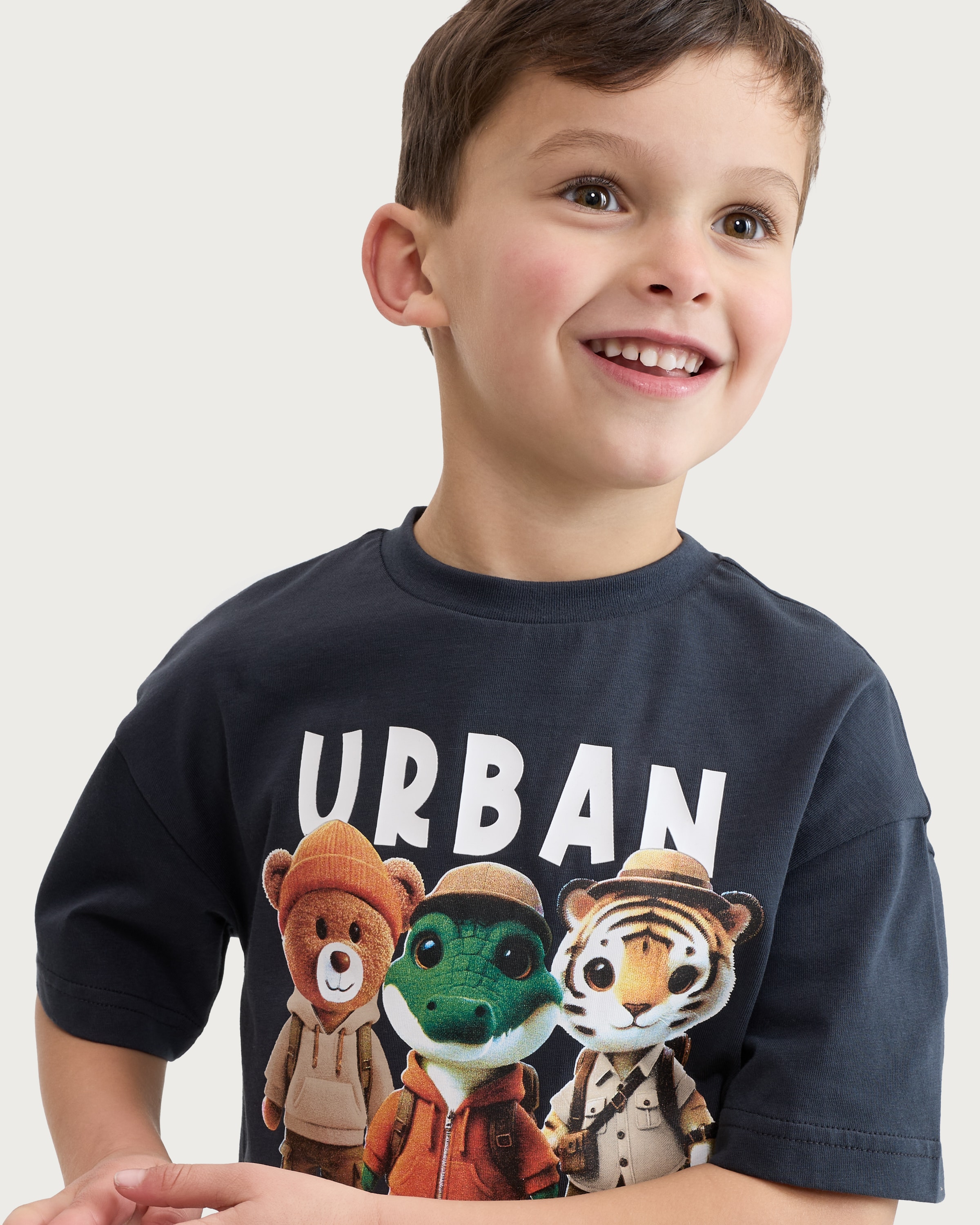 F&F Boys Pure Cotton Urban Explorer Animal Short Sleeved T-Shirt in Grey