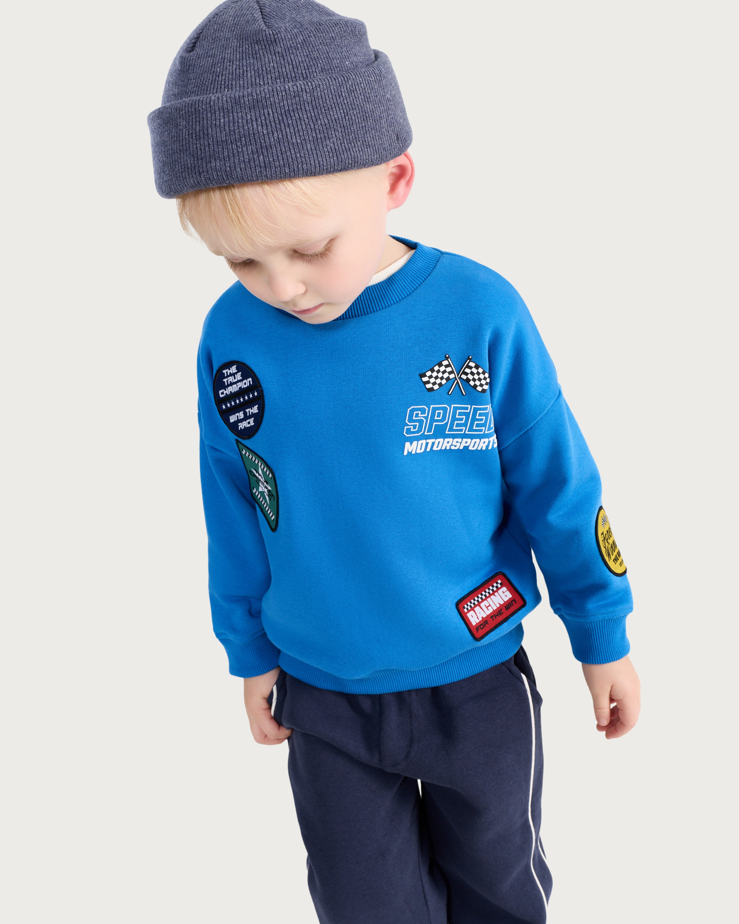 F&F Boys Cotton Rich Speed Motorsports Slogan Sweatshirt in Blue