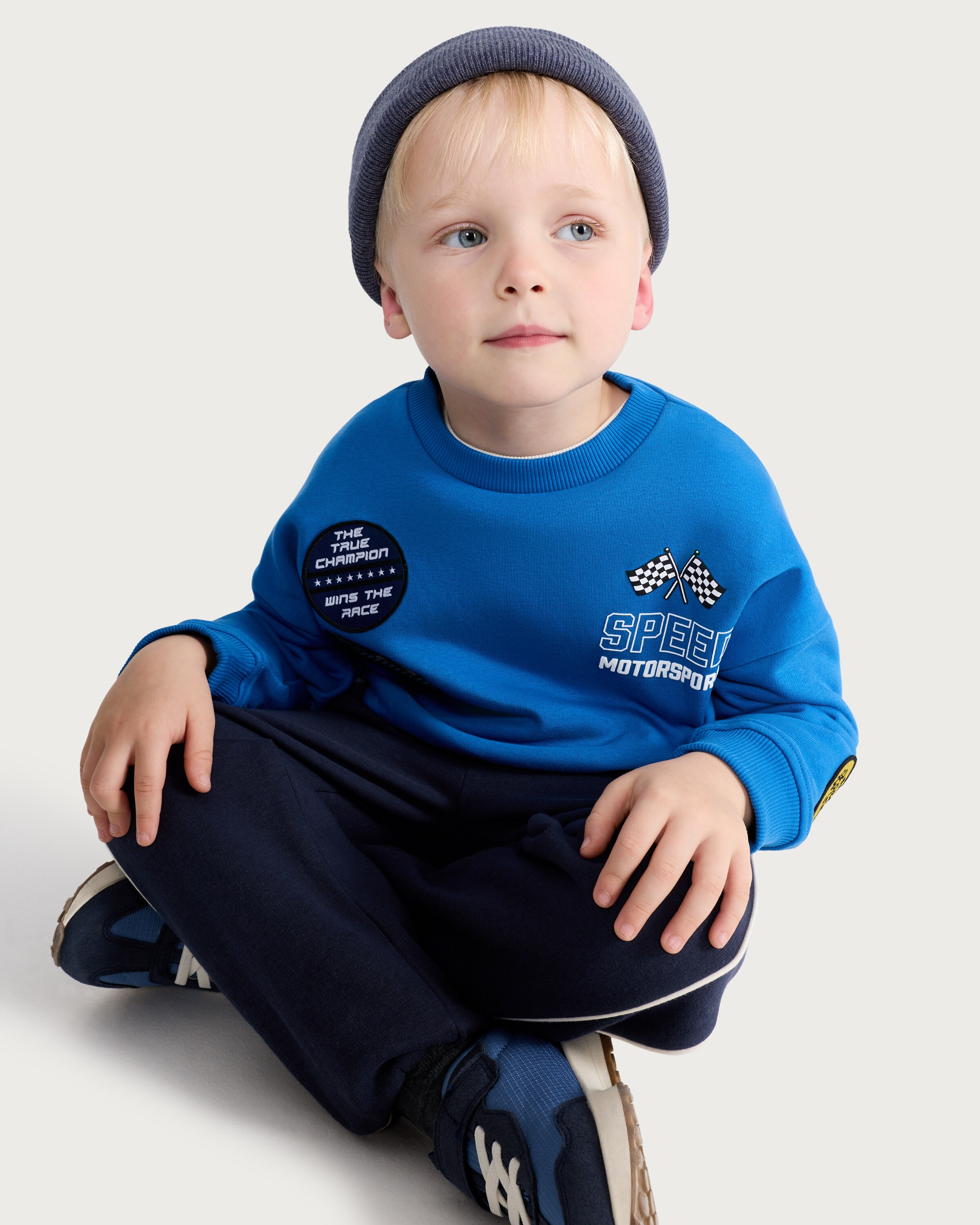 F&F Boys Cotton Rich Speed Motorsports Slogan Sweatshirt in Blue thumbnail 3