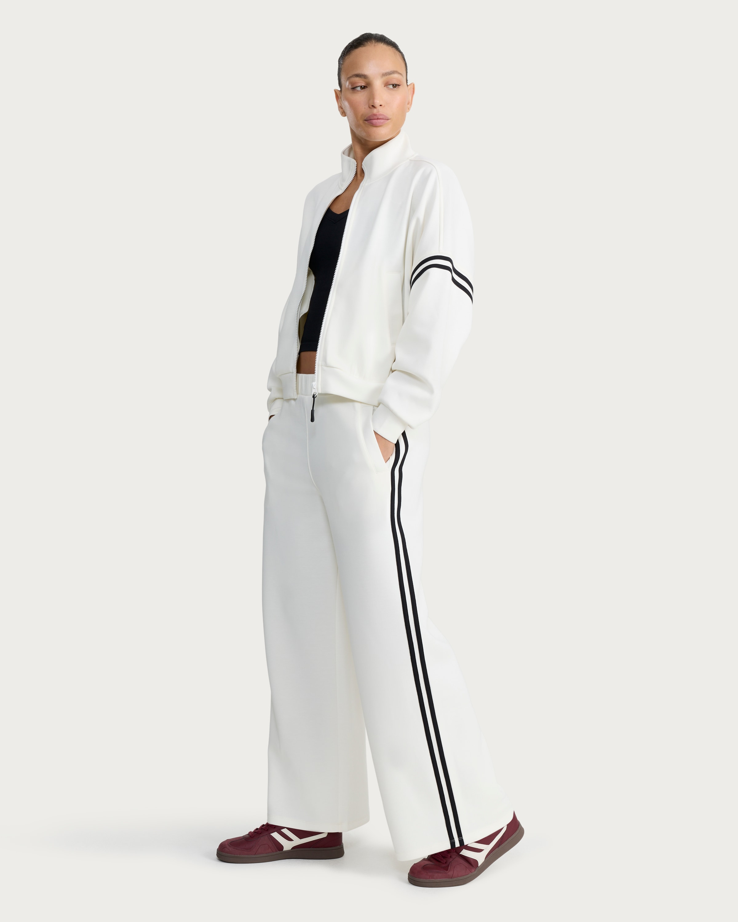 F&F Active AFTERCLASS Side Stripe Wide Leg Joggers in Cream thumbnail 2
