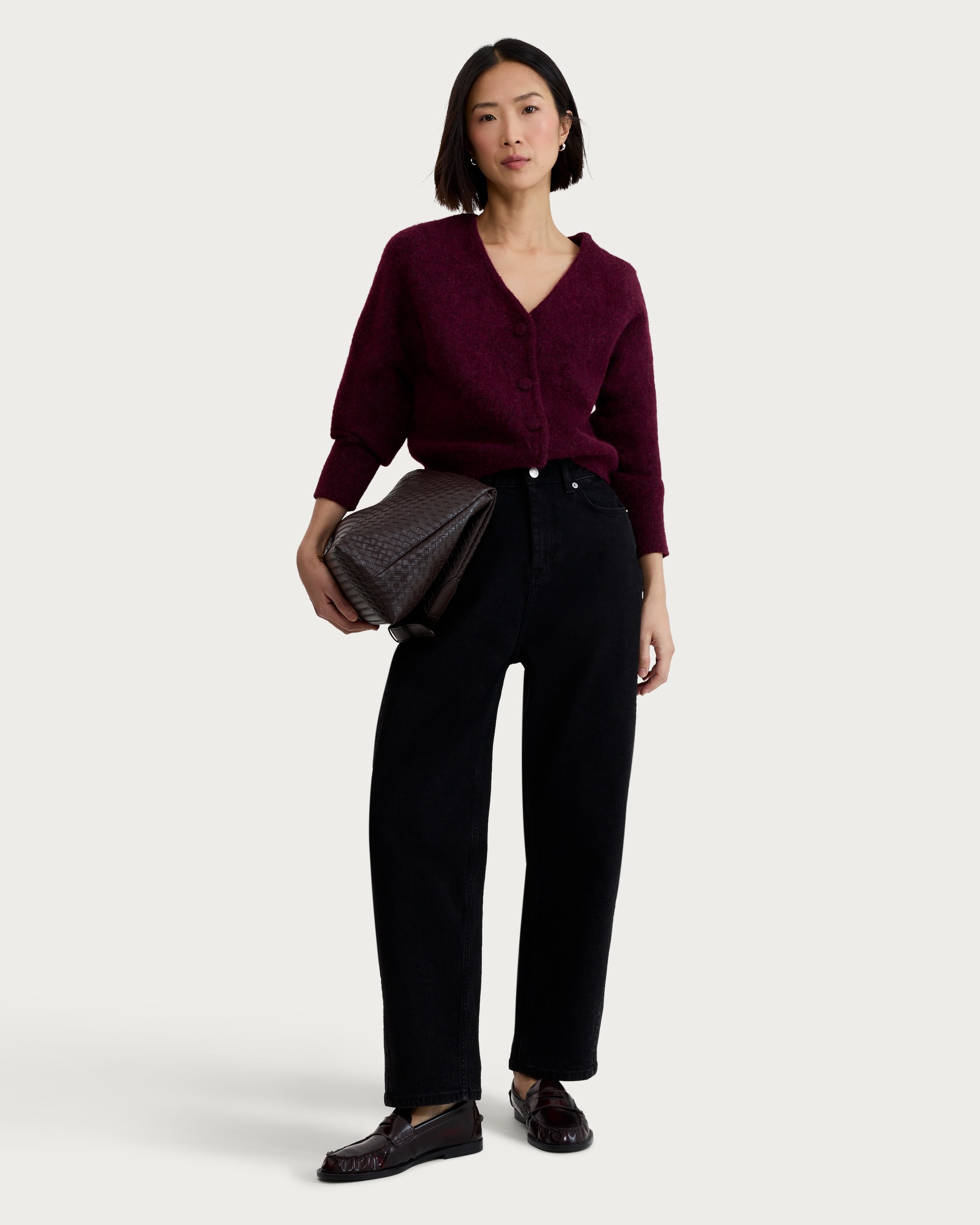 F&F Knitted Fluffy V Neck Cardigan in Burgundy thumbnail 2