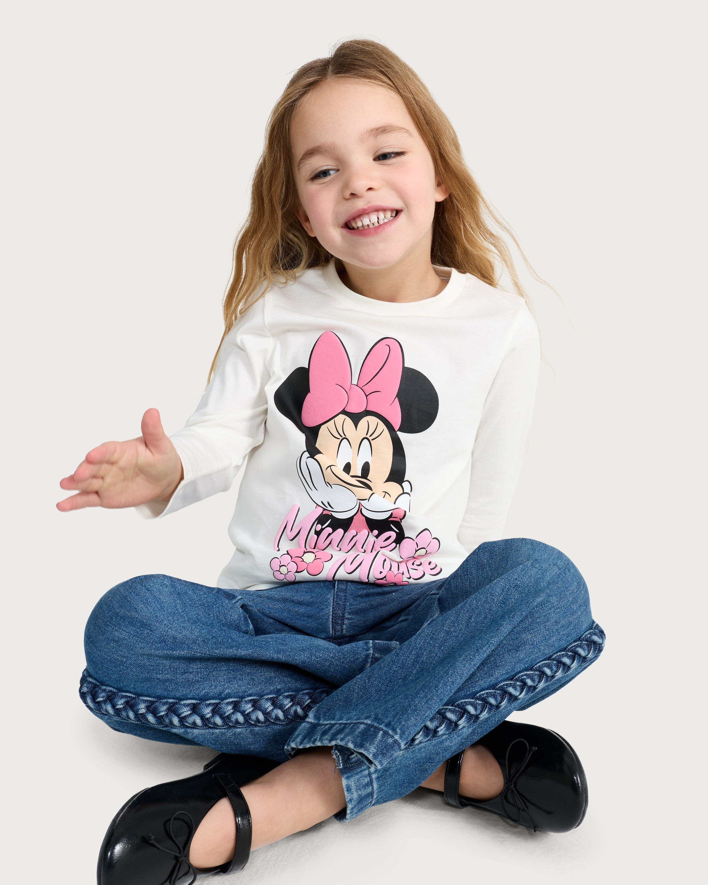 Disney Minnie Mouse Print Pure Cotton Long Sleeved Top in White