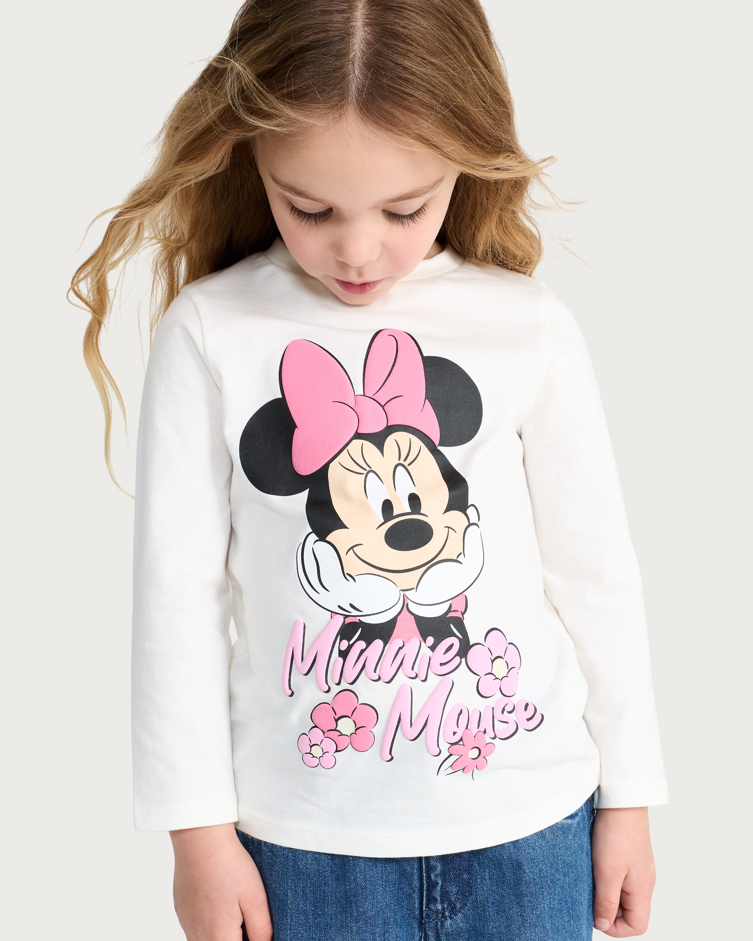 Disney Minnie Mouse Print Pure Cotton Long Sleeved Top in White thumbnail 3