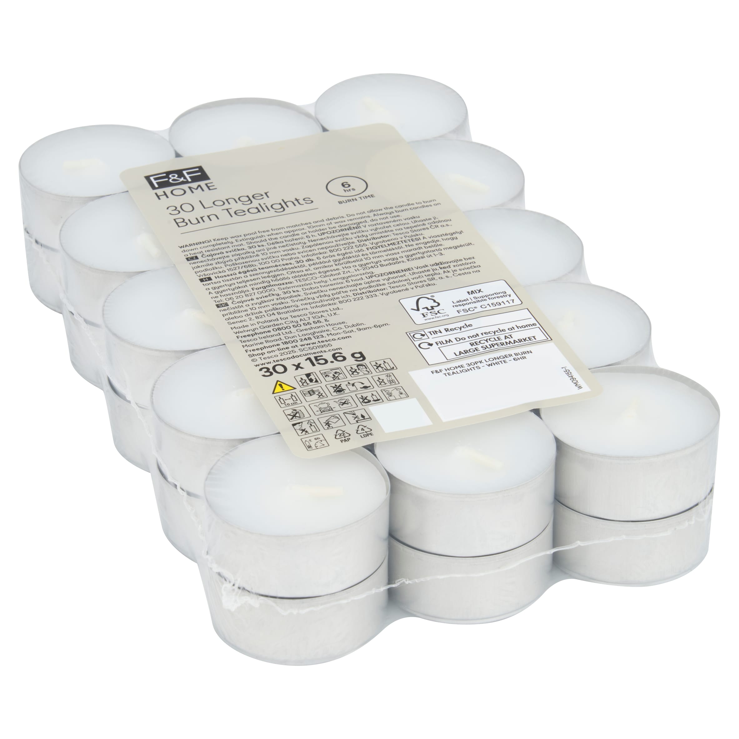 F&F HOME White Longer Burn Tealights 30 Pack x 15.6g