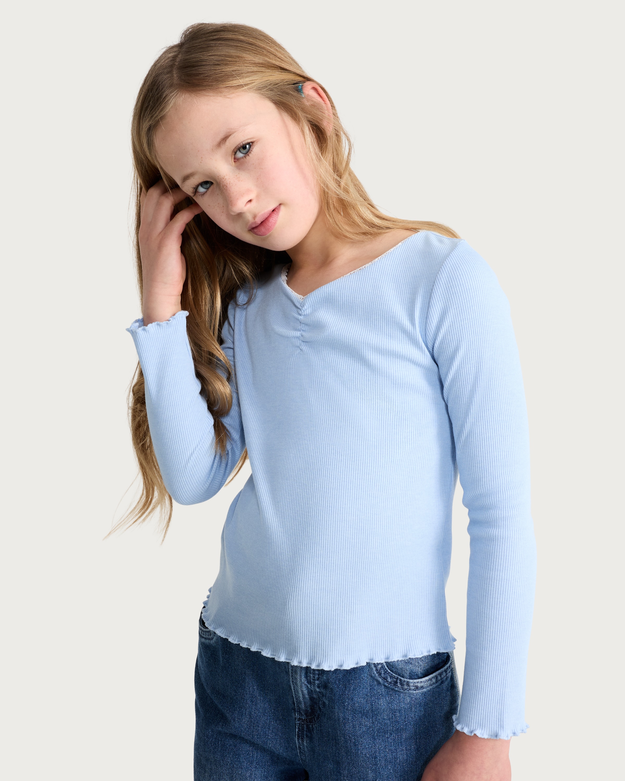 F&F Girls Ribbed Lace Trim Long Sleeved Top in Blue thumbnail 2