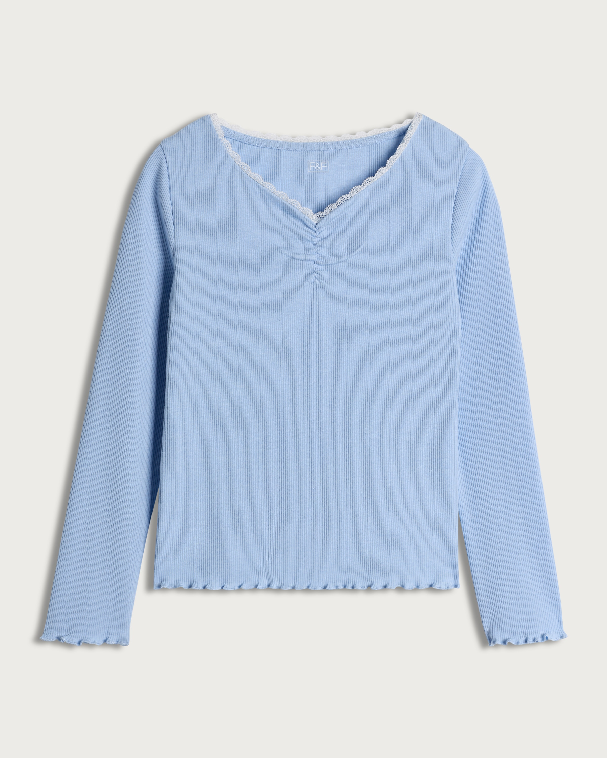 F&F Girls Ribbed Lace Trim Long Sleeved Top in Blue thumbnail 4