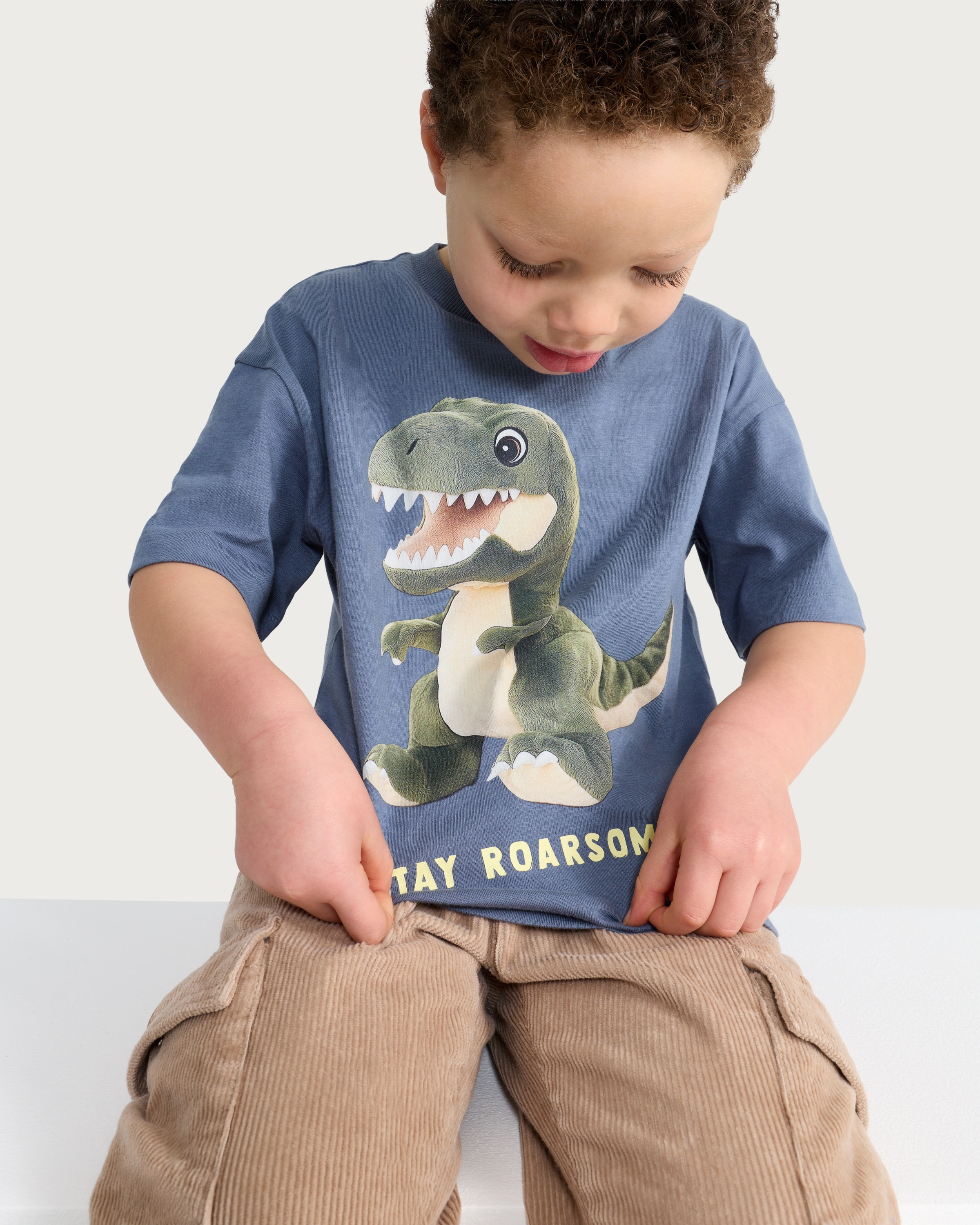 F&F Boys Pure Cotton Stay Roarsome Dinosaur T-Shirt in Blue