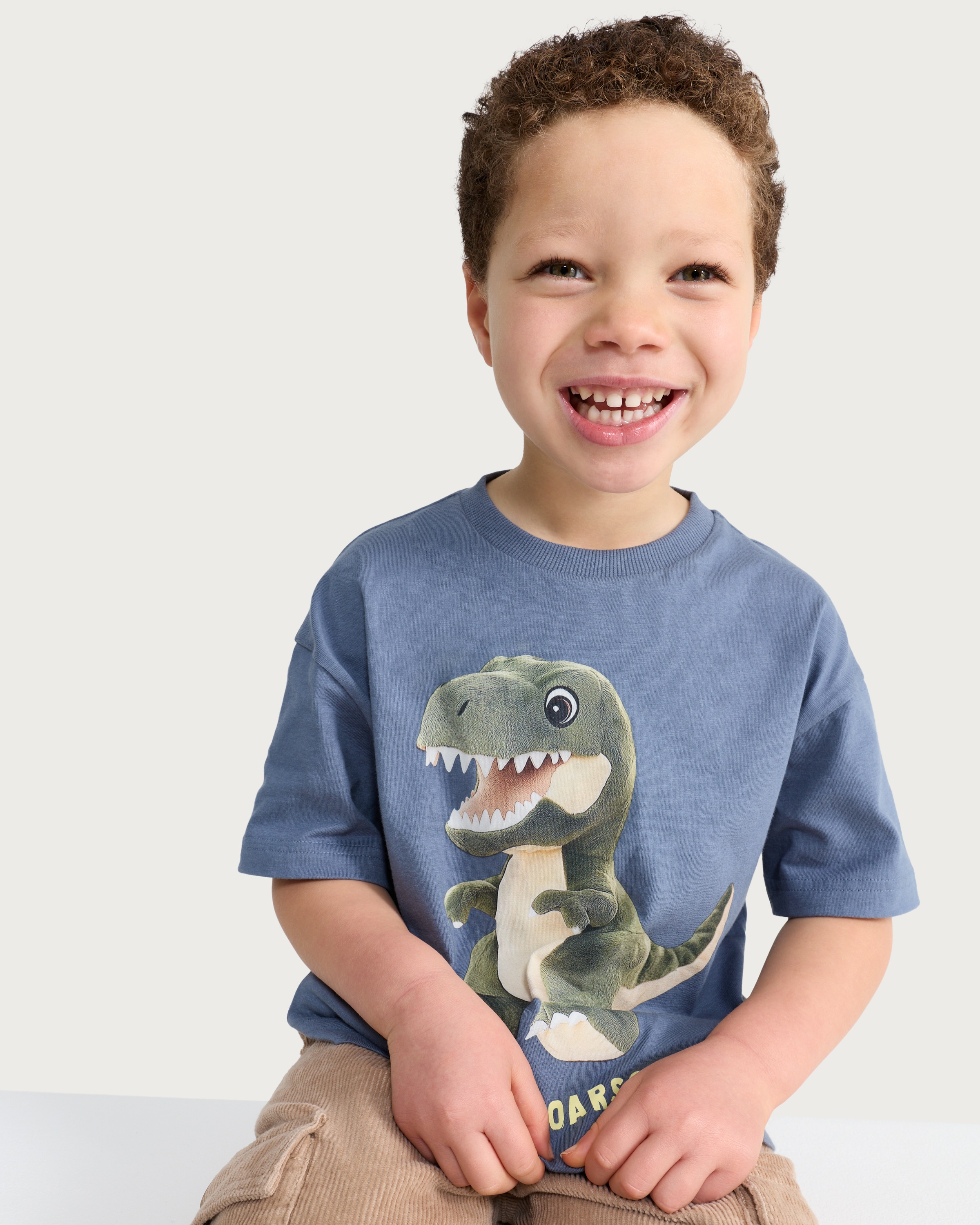 F&F Boys Pure Cotton Stay Roarsome Dinosaur T-Shirt in Blue thumbnail 3