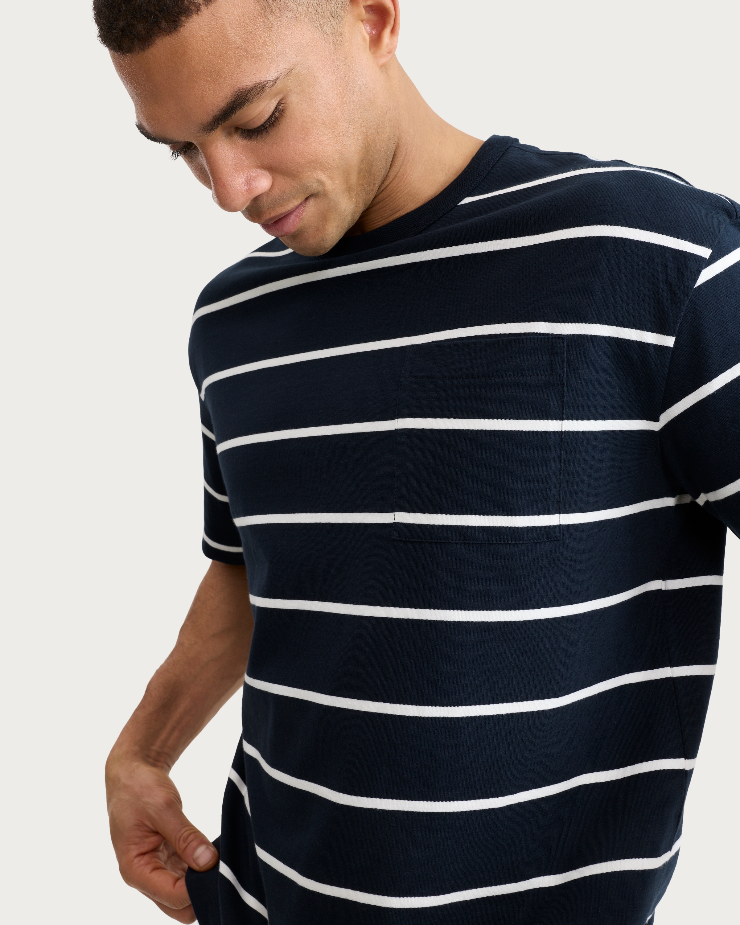 F&F Pure Cotton Stripe Print Short Sleeved Relaxed Fit T-Shirt in Navy