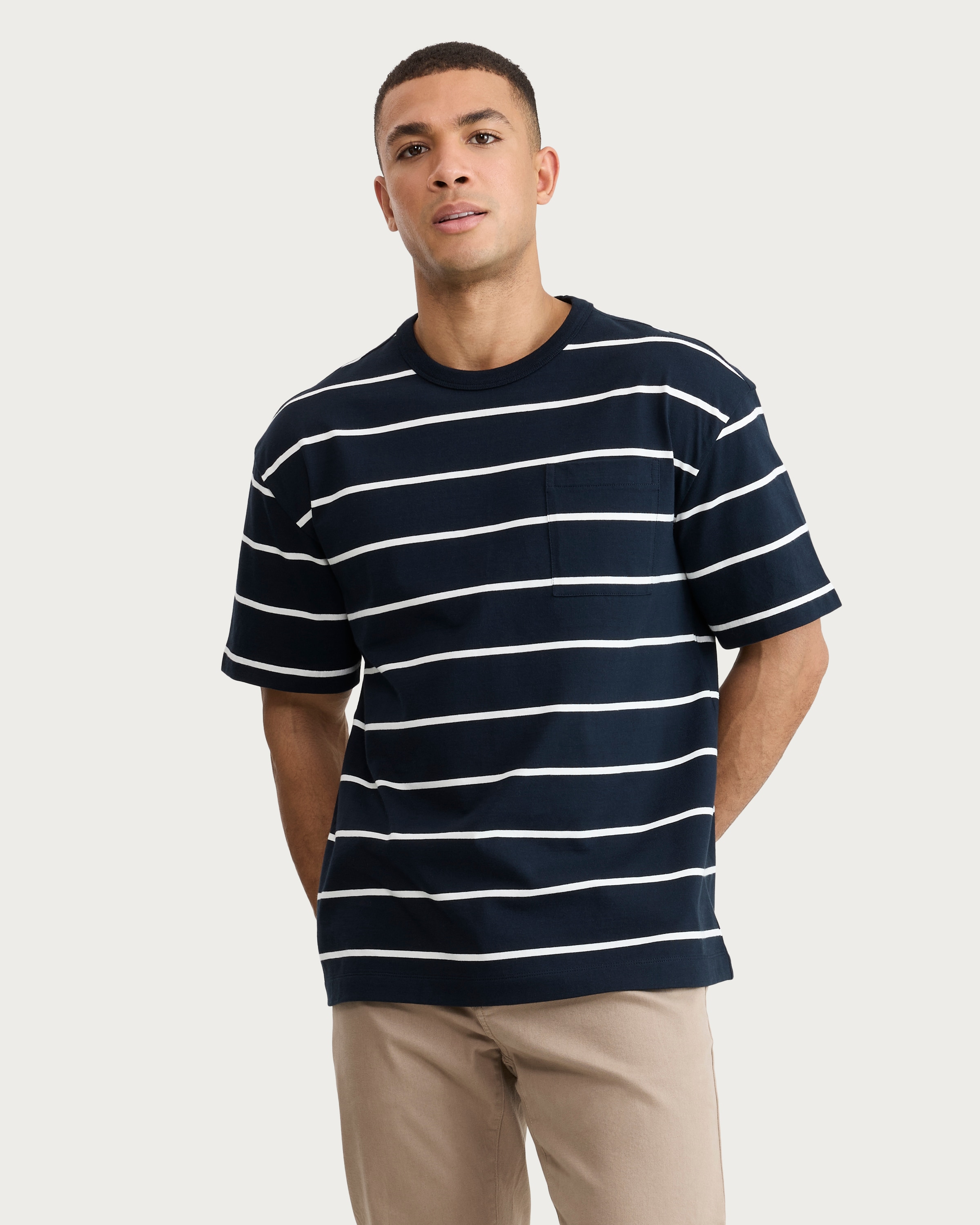F&F Pure Cotton Stripe Print Short Sleeved Relaxed Fit T-Shirt in Navy thumbnail 2