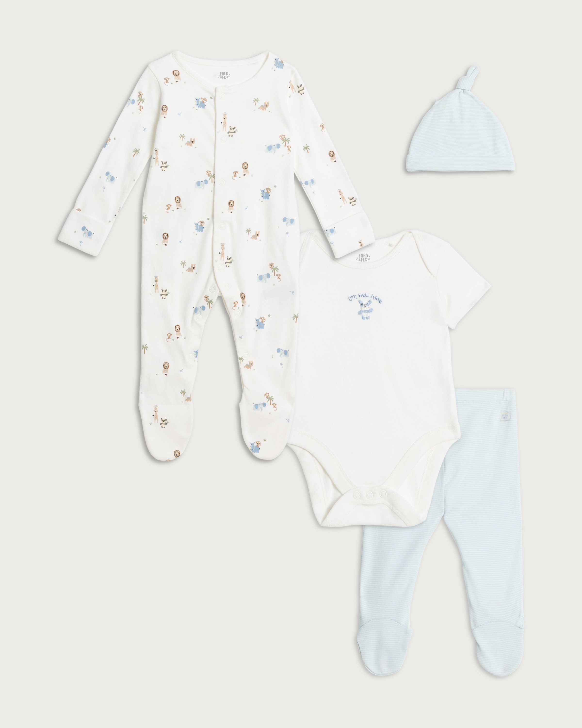 F&F Baby 4-Piece Pure Cotton Sleepsuit, Bodysuit, Leggings and Hat Set in Blue
