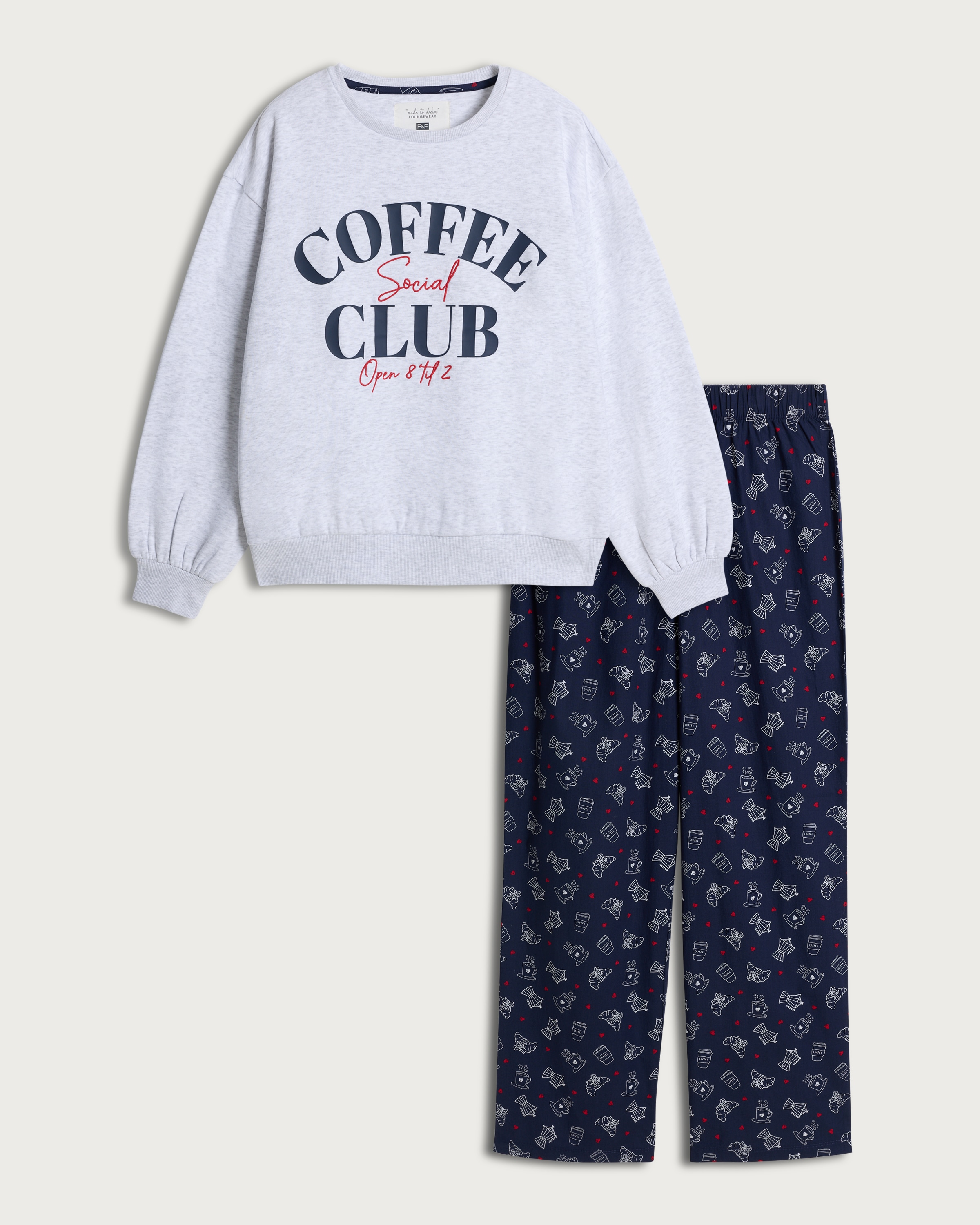 F&F Coffee Club Slogan Pyjama Set in Grey thumbnail 4
