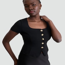 F&F Square Neck Buttoned Short Sleeved Top in Black