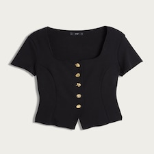 F&F Square Neck Buttoned Short Sleeved Top in Black thumbnail 4