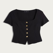 F&F Square Neck Buttoned Short Sleeved Top in Black thumbnail 4