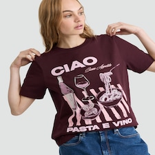 F&F Pure Cotton Ciao Pasta Print Oversized T-Shirt in Burgundy
