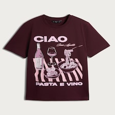F&F Pure Cotton Ciao Pasta Print Oversized T-Shirt in Burgundy thumbnail 4