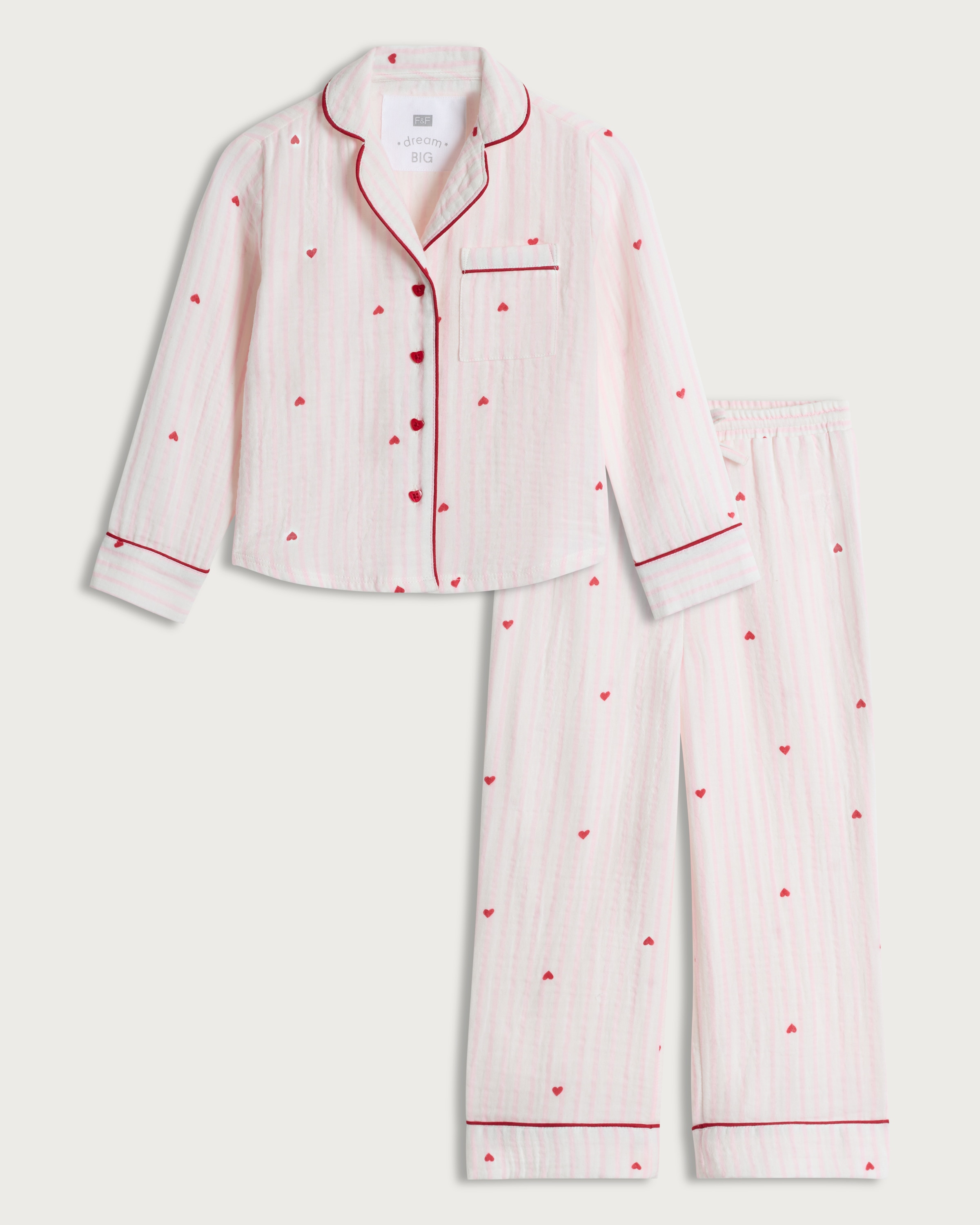 F&F Girls Pure Cotton Heart Print Pyjama Set in Pink