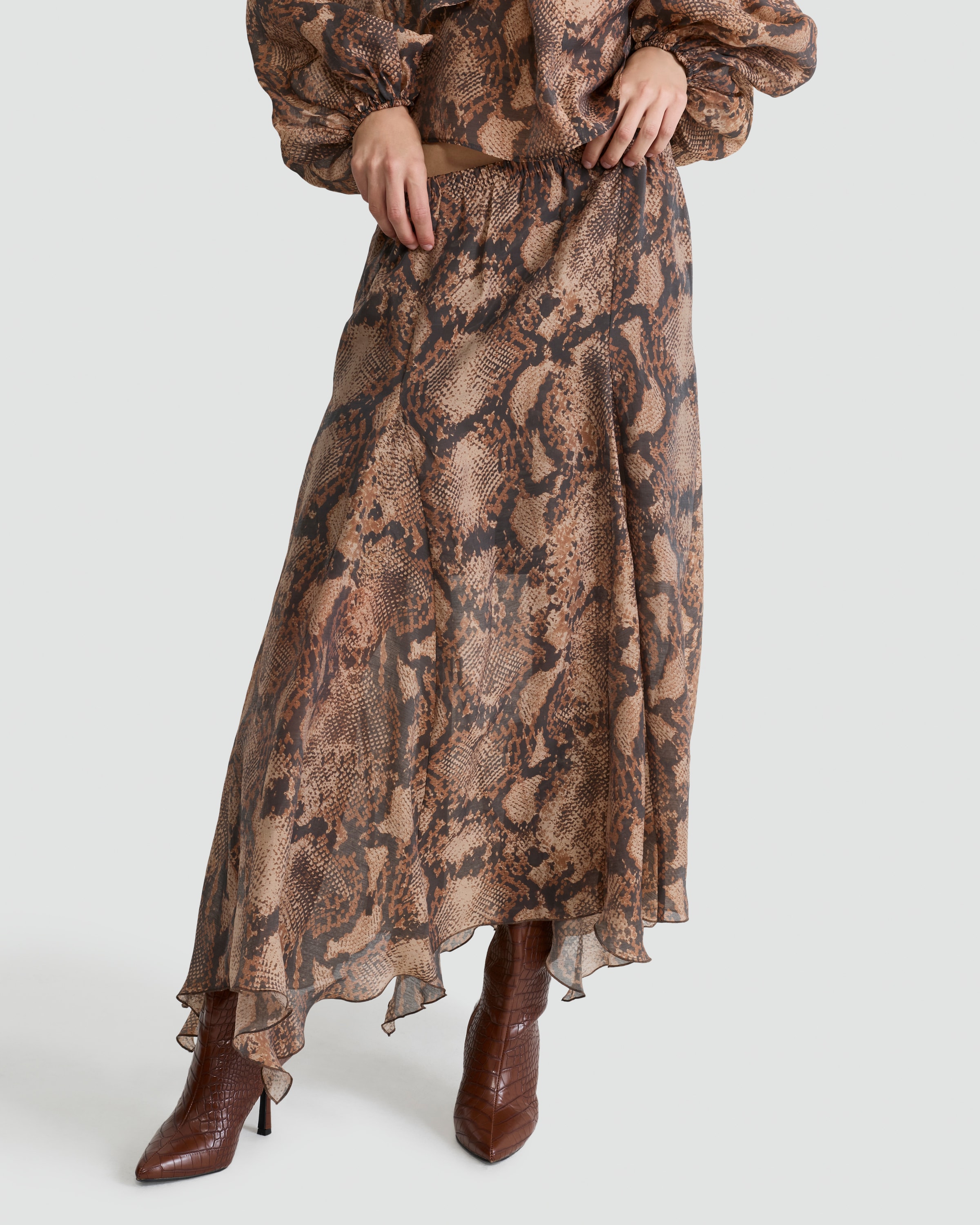 F&F Snake Print Handkerchief Hem Midi Skirt in Multi Brown thumbnail 2