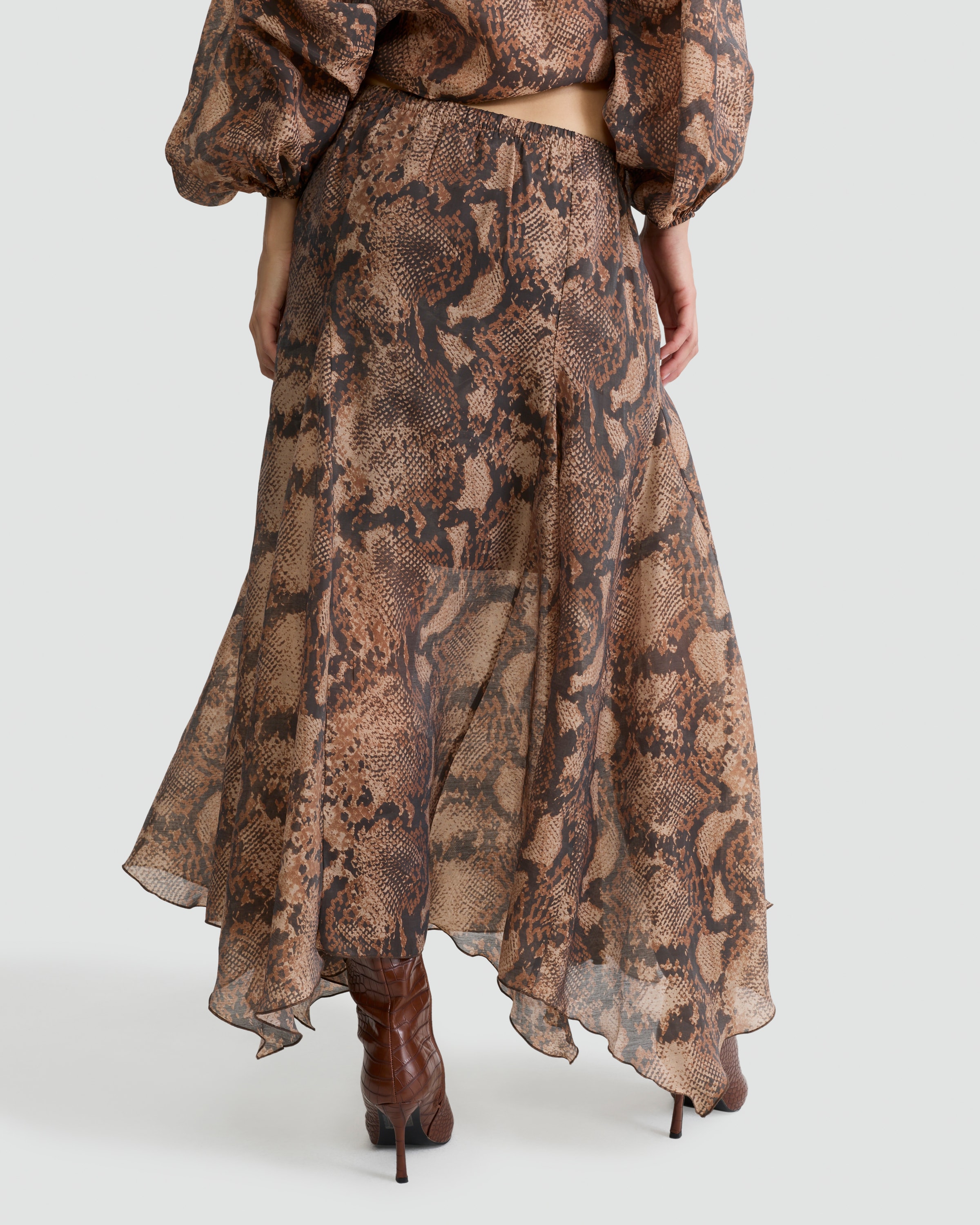 F&F Snake Print Handkerchief Hem Midi Skirt in Multi Brown thumbnail 3