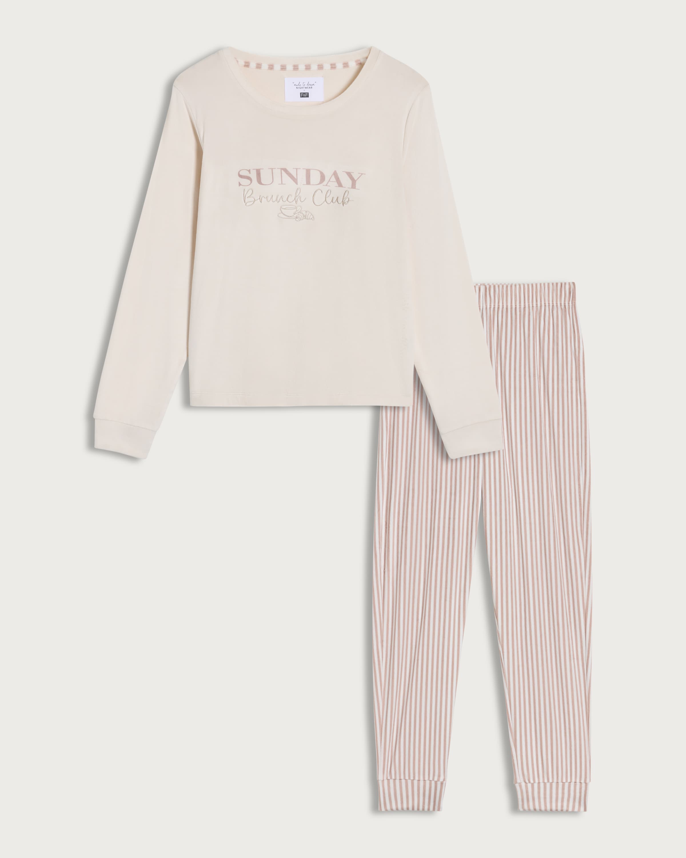 F&F Sunday Brunch Club Fleece Pyjama Set in Neutral thumbnail 4