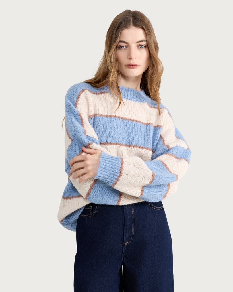 The F&F Edit Knitted Fluffy Stripe Print Jumper in Multi Blue