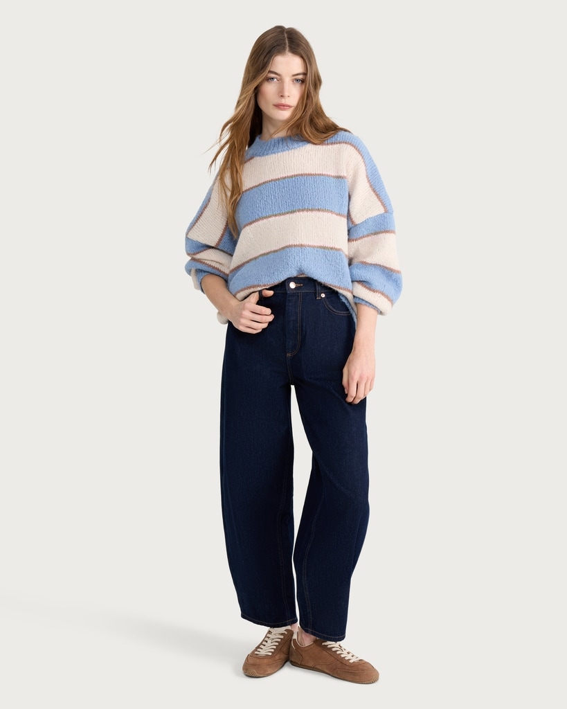 The F&F Edit Knitted Fluffy Stripe Print Jumper in Multi Blue thumbnail 2