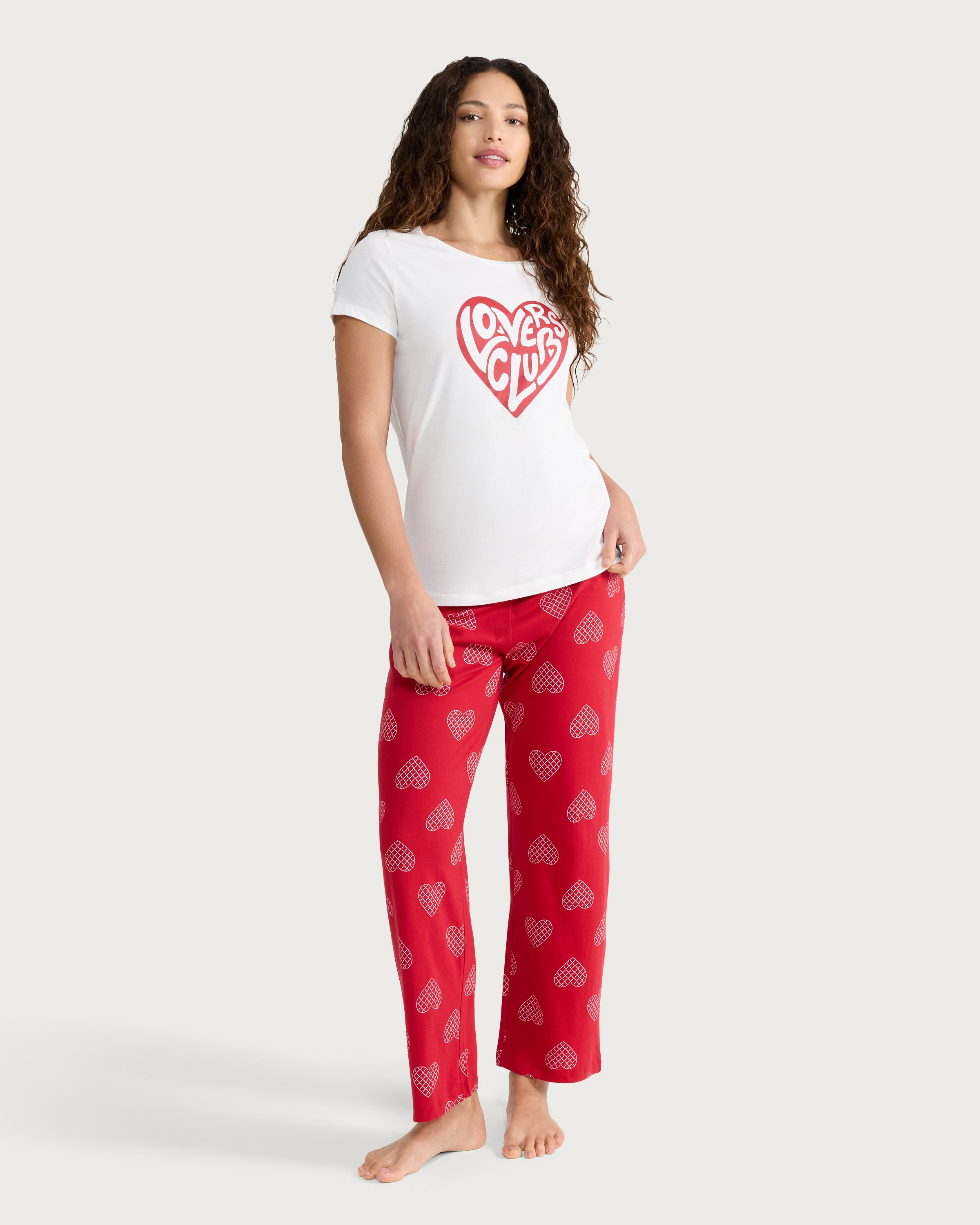 F&F Pure Cotton Lovers Club Pyjama Set in Multi Red thumbnail 2