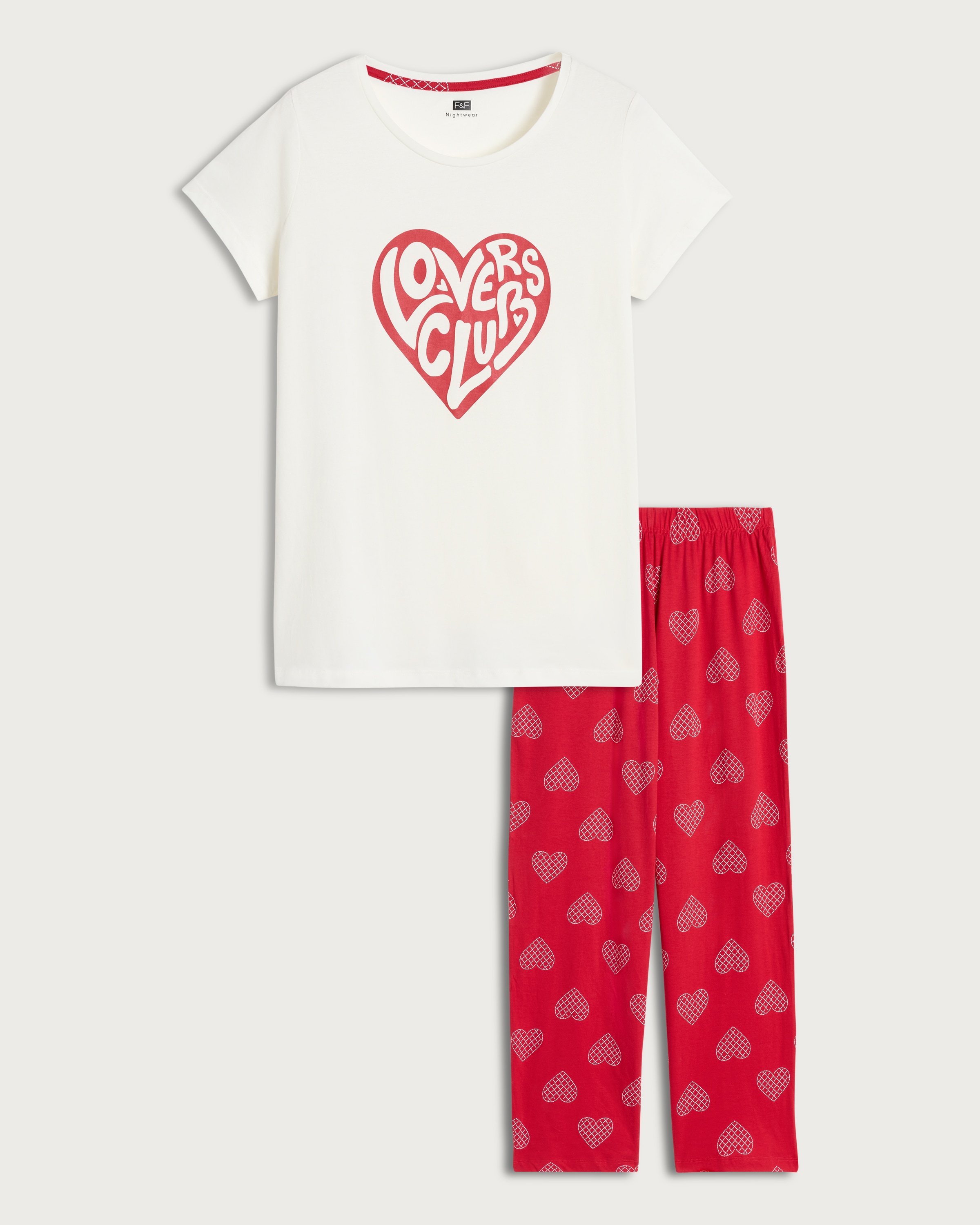 F&F Pure Cotton Lovers Club Pyjama Set in Multi Red thumbnail 4