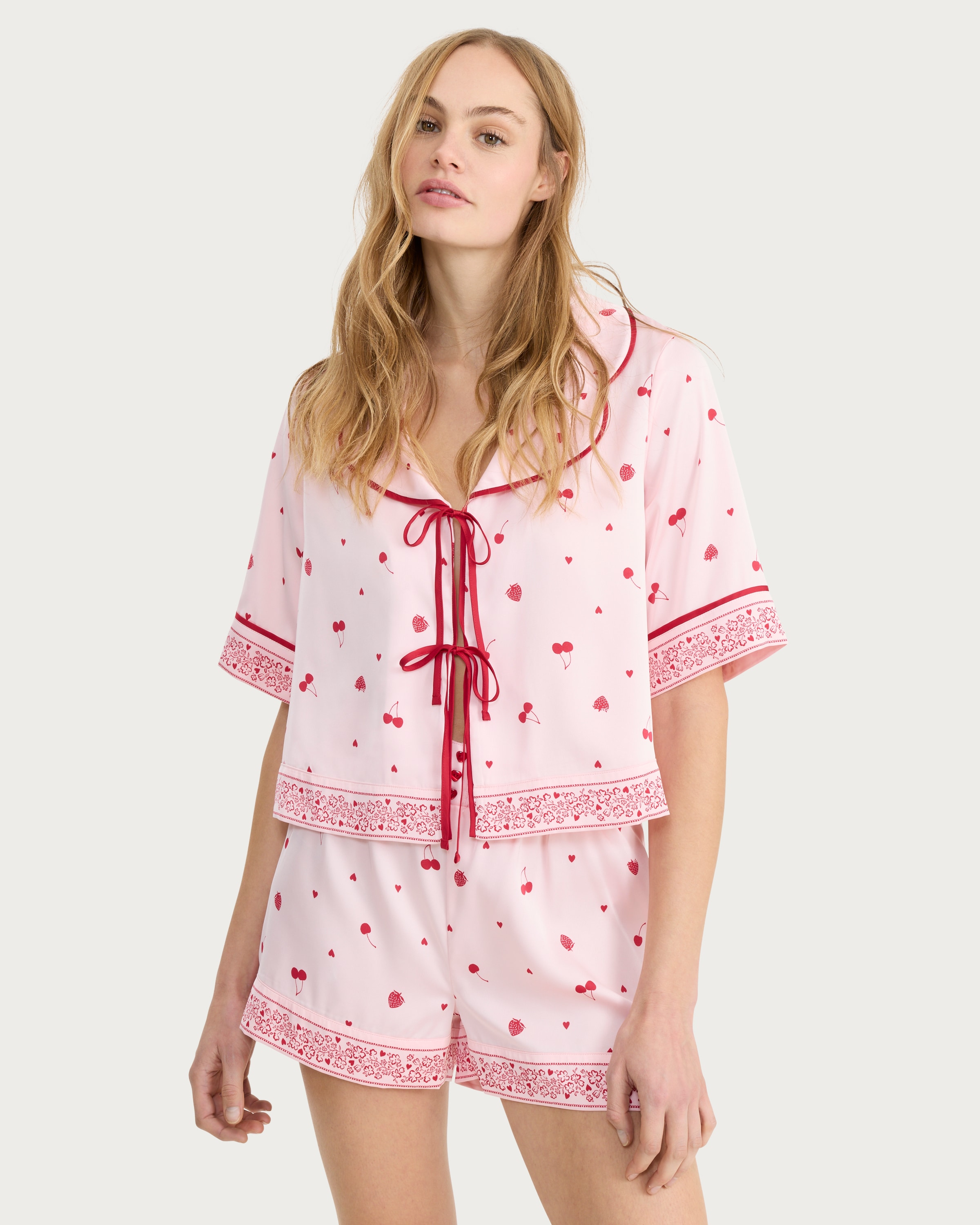 F&F CoolEase™ Satin Fruit Print Shirt and Shorts Pyjama Set in Multi Pink
