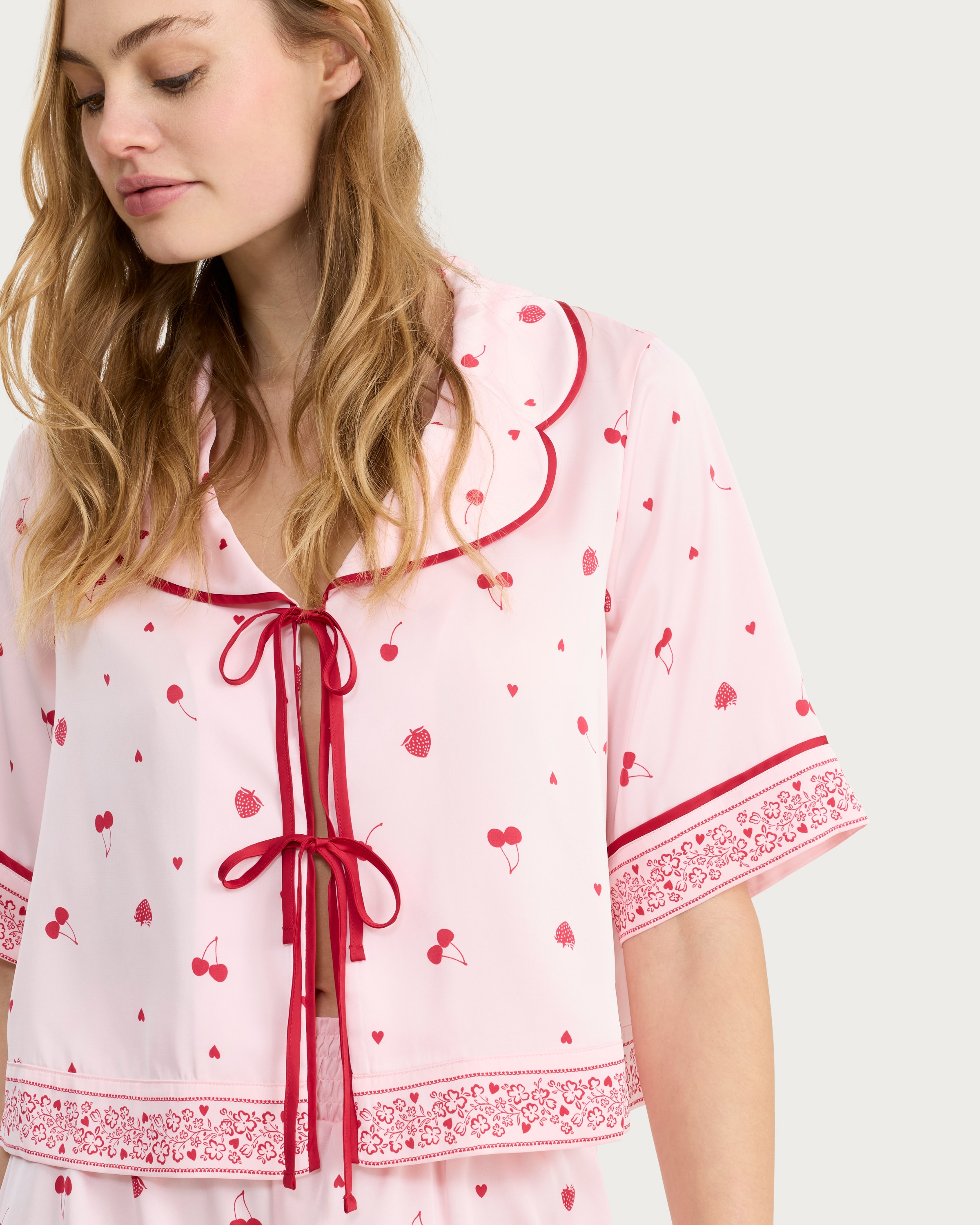 F&F CoolEase™ Satin Fruit Print Shirt and Shorts Pyjama Set in Multi Pink thumbnail 2