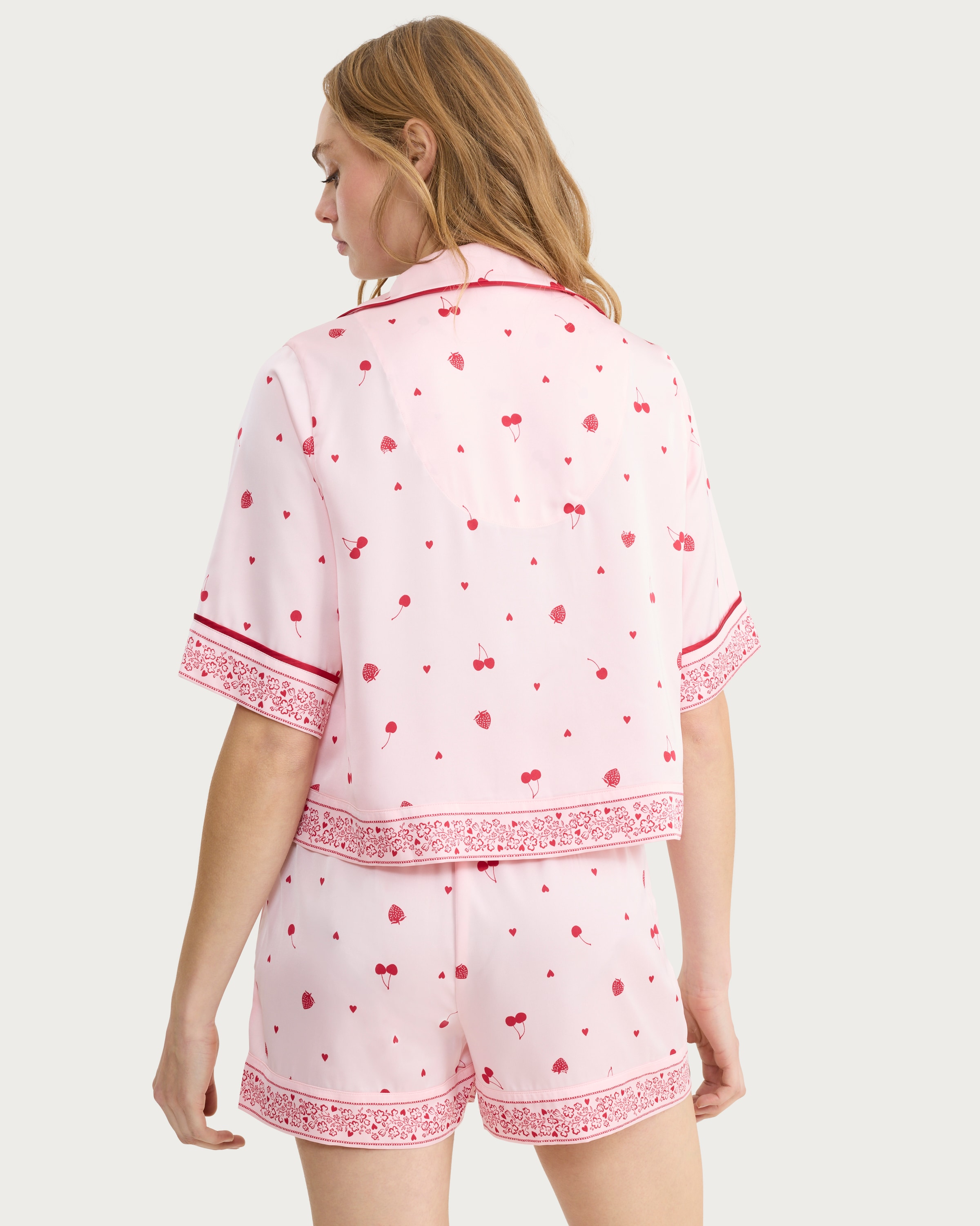 F&F CoolEase™ Satin Fruit Print Shirt and Shorts Pyjama Set in Multi Pink thumbnail 3