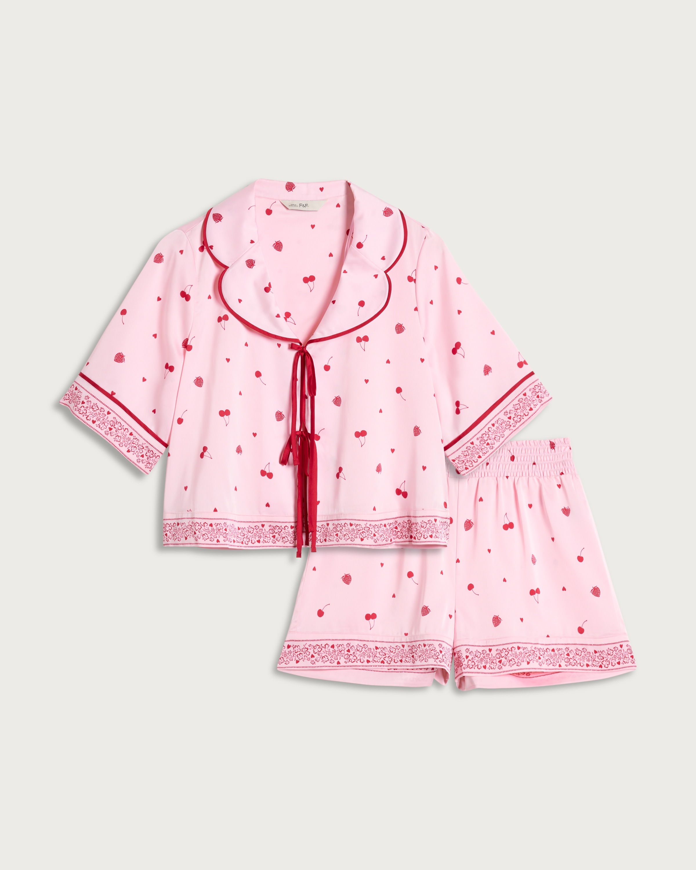 F&F CoolEase™ Satin Fruit Print Shirt and Shorts Pyjama Set in Multi Pink thumbnail 4