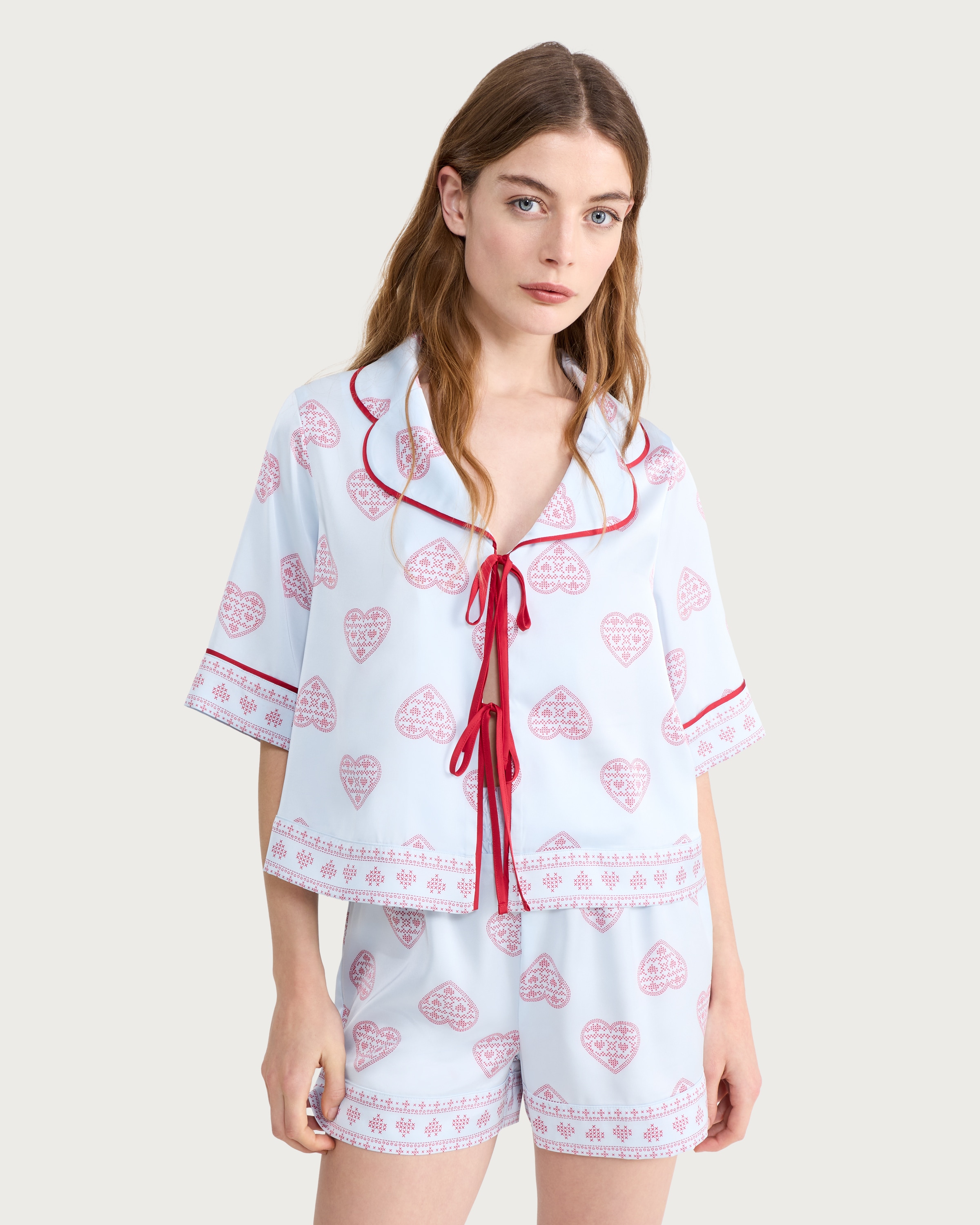 F&F CoolEase™ Satin Heart Print Shirt and Shorts Pyjama Set in Multi Blue