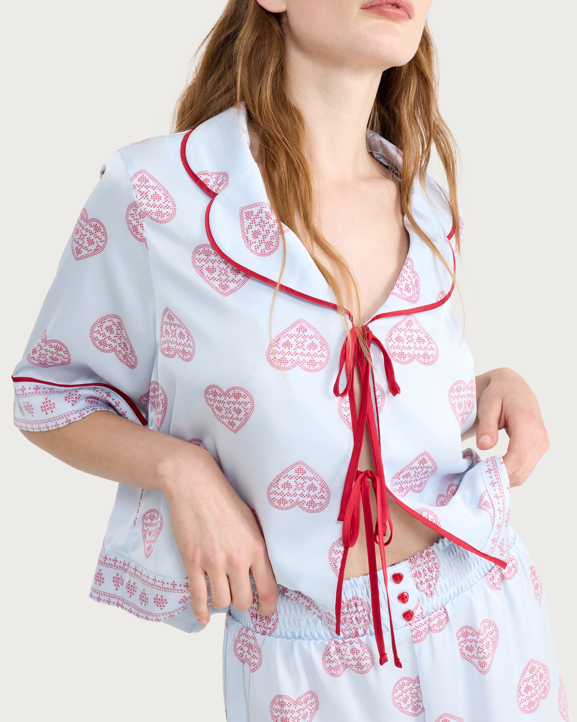 F&F CoolEase™ Satin Heart Print Shirt and Shorts Pyjama Set in Multi Blue thumbnail 2