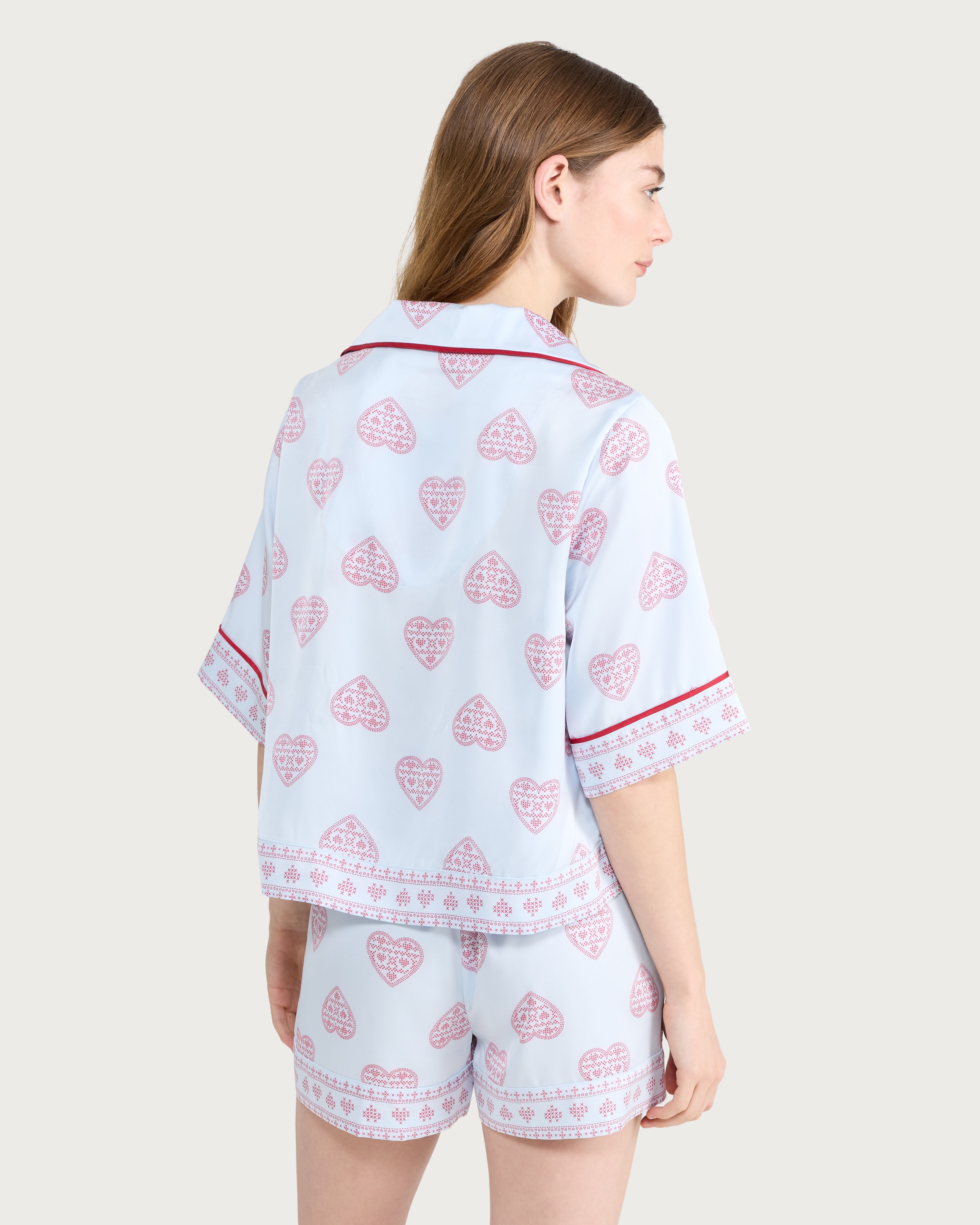 F&F CoolEase™ Satin Heart Print Shirt and Shorts Pyjama Set in Multi Blue thumbnail 3