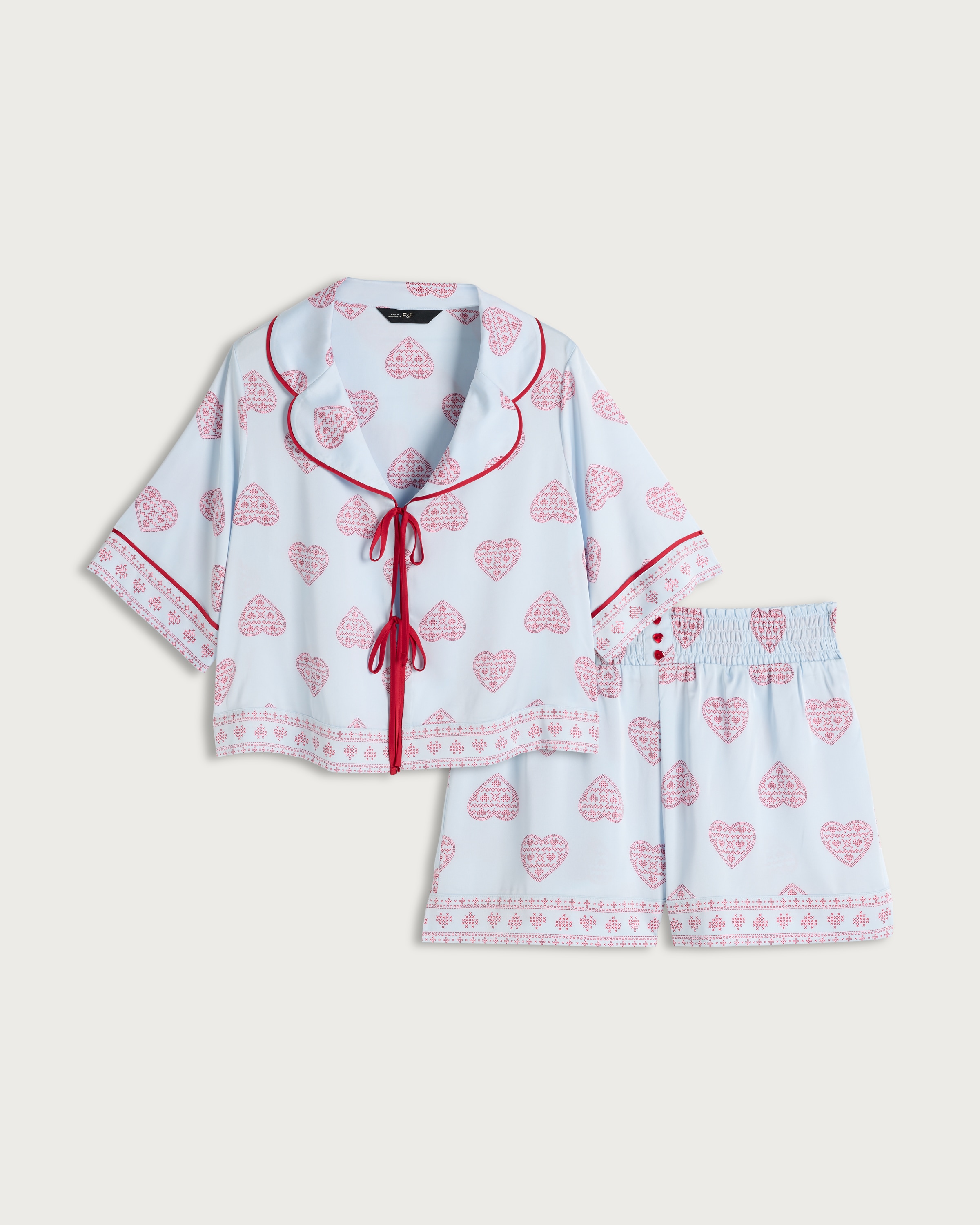 F&F CoolEase™ Satin Heart Print Shirt and Shorts Pyjama Set in Multi Blue thumbnail 4